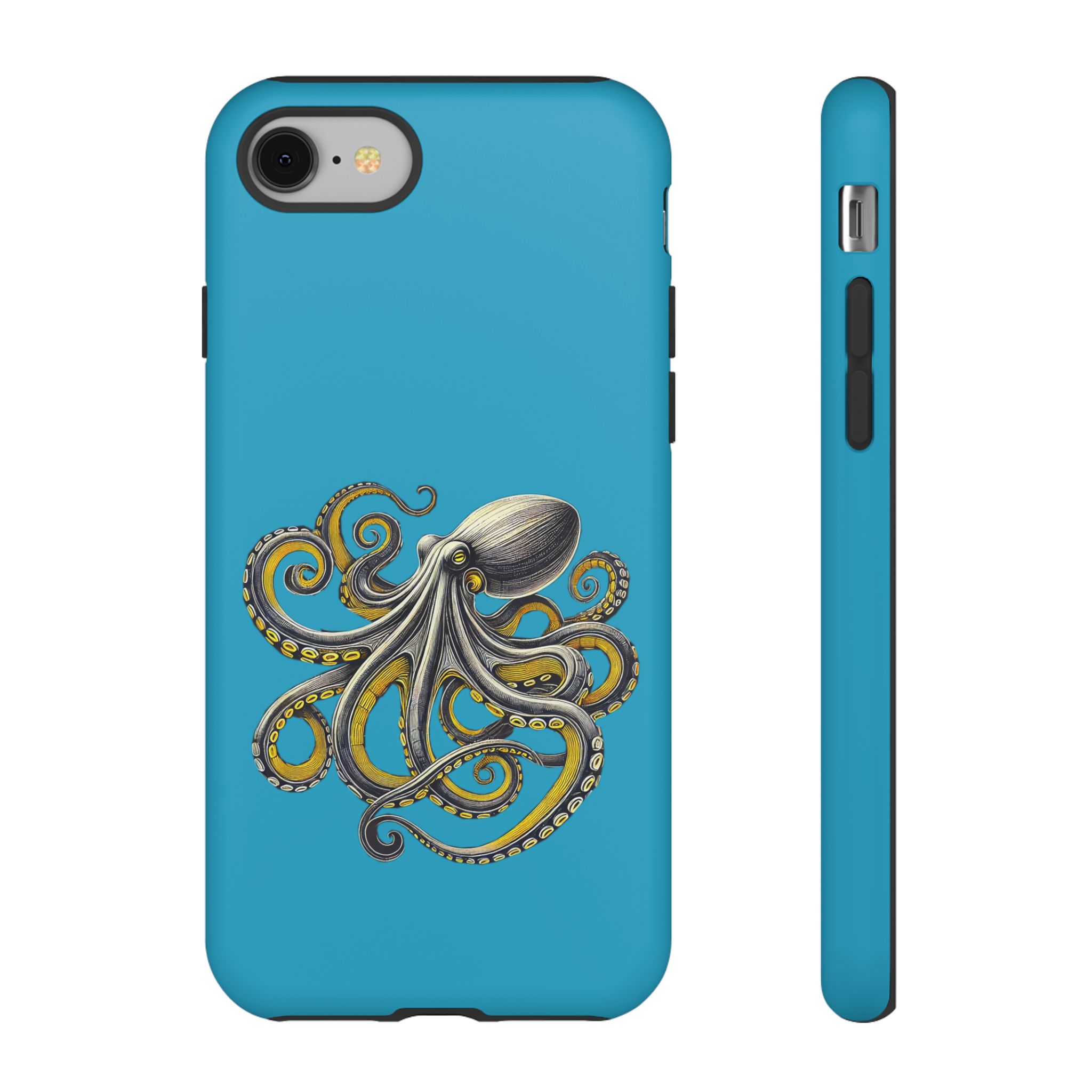 Phone case with an illustration of an octopus on a blue background.