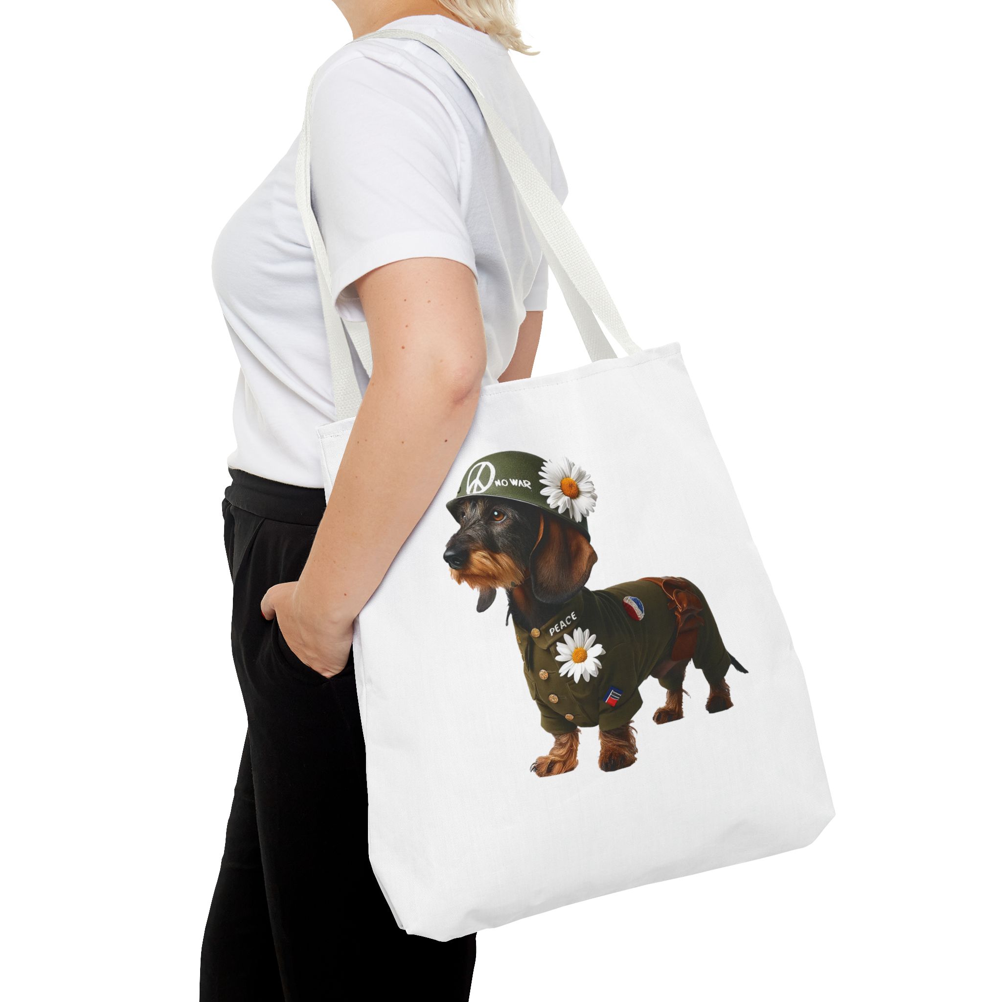 Dog Canvas tote bag dachshund cute tote bag Peace & Love Retro shoulder bag gift for her pet lover handbag dog purse puppy print – Image 18