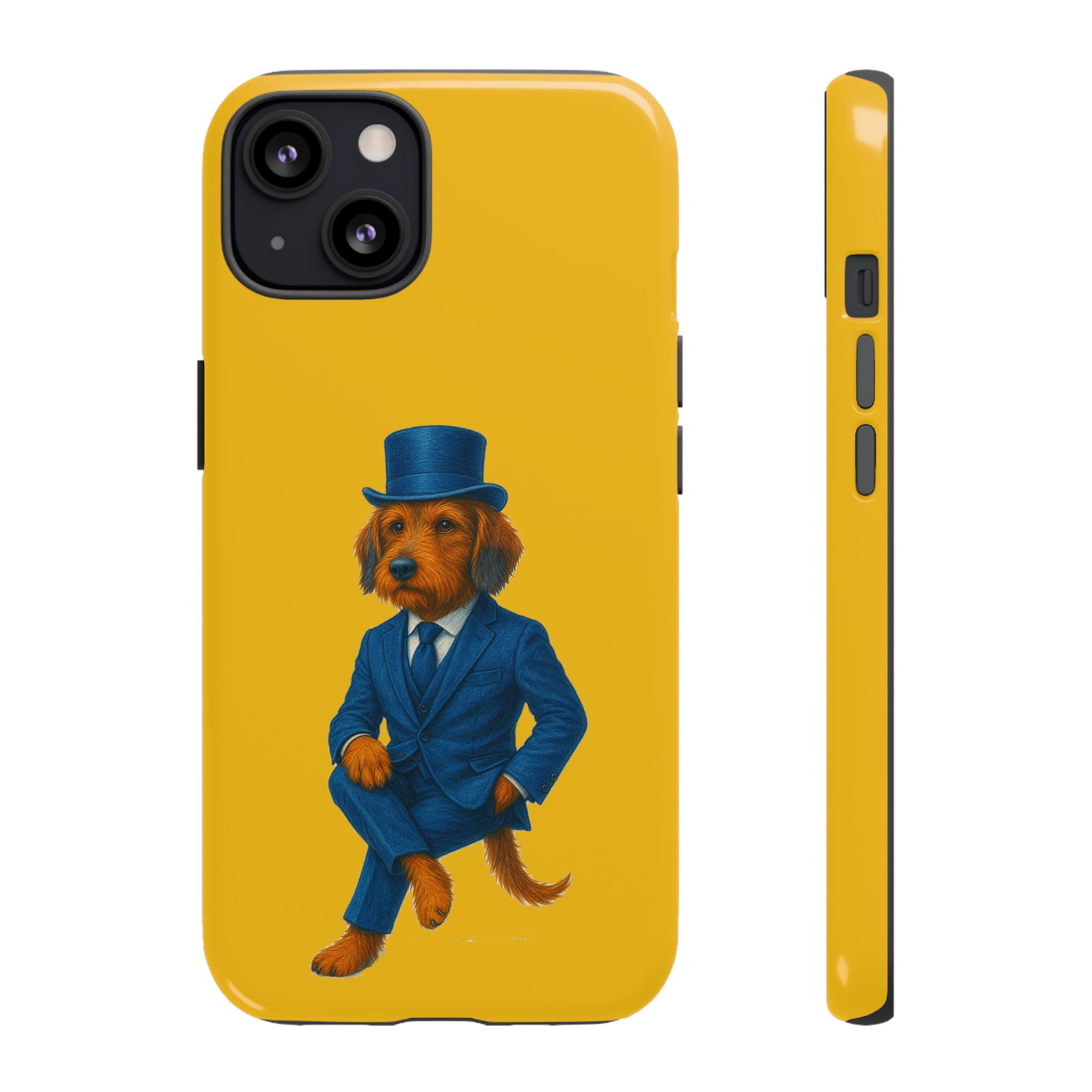 Phone case featuring a dog wearing a blue suit and top hat against a yellow background.