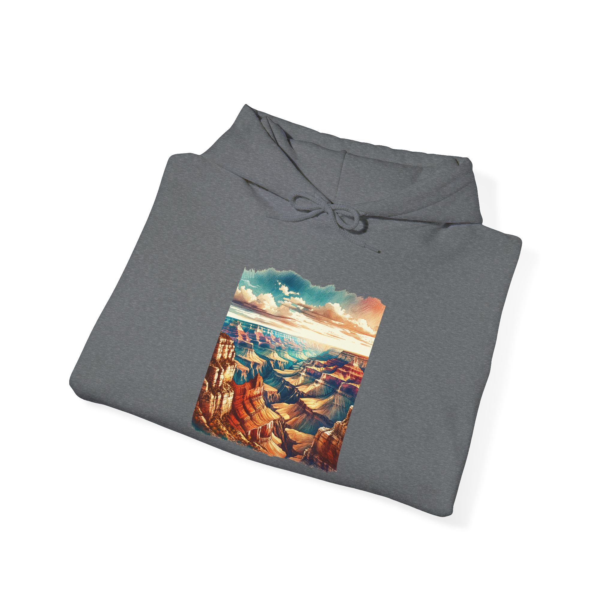 Gray hoodie featuring a colorful graphic of the Grand Canyon landscape on the front.