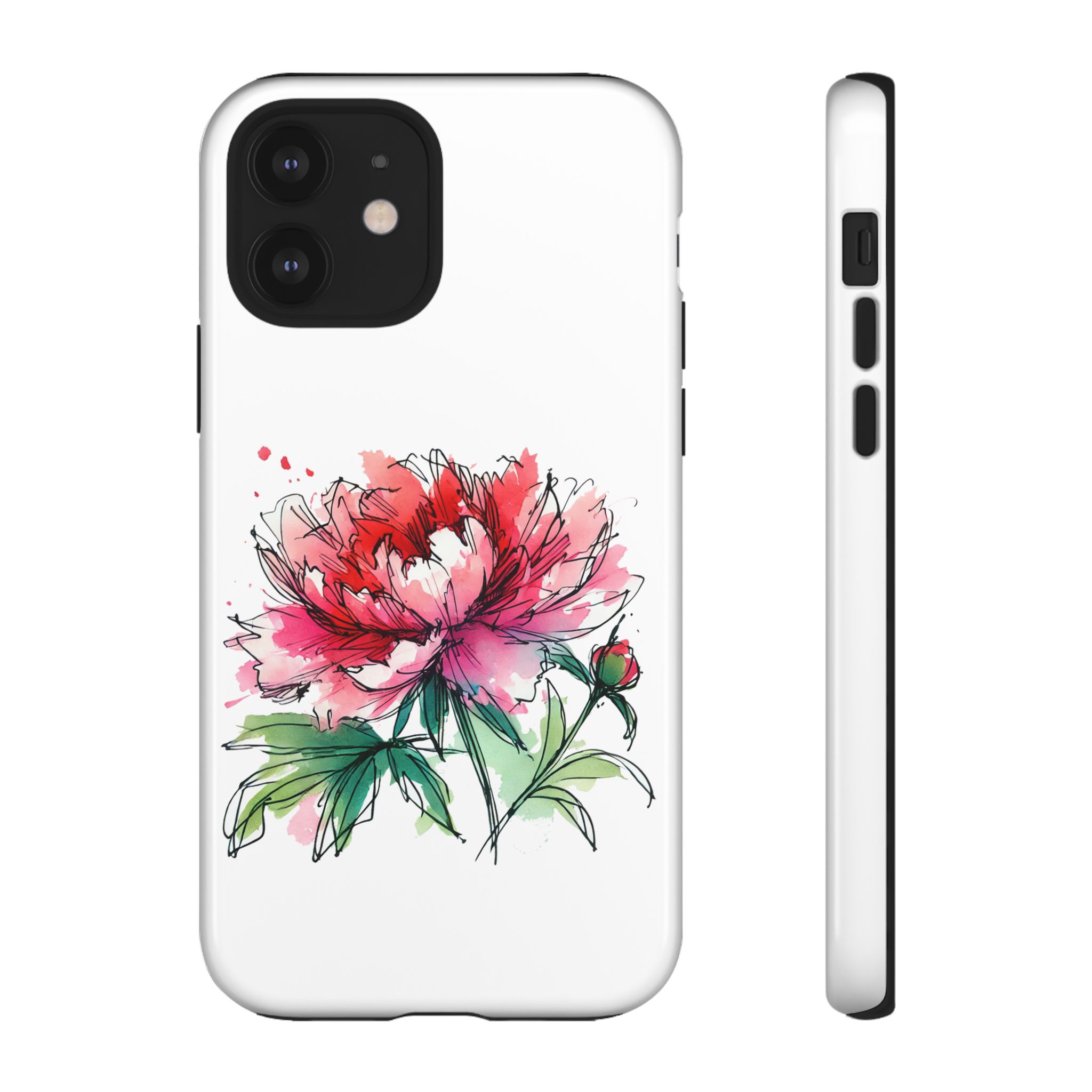 Phone case featuring a colorful peony flower illustration on a white background.