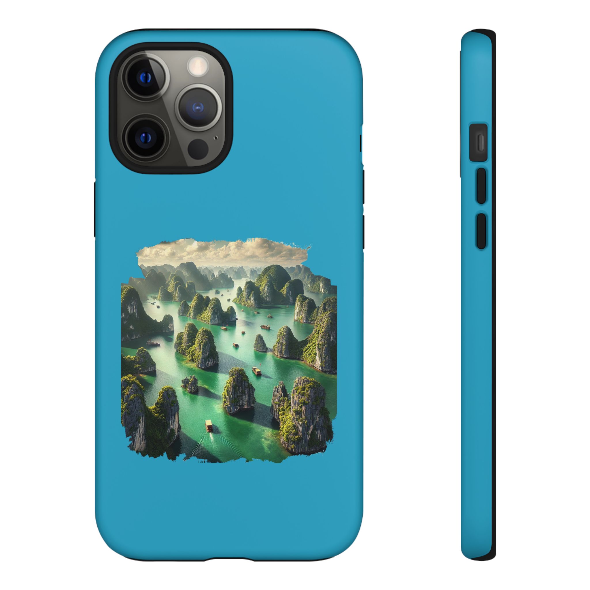 Phone case featuring a scenic landscape of rocky islands and turquoise waters.