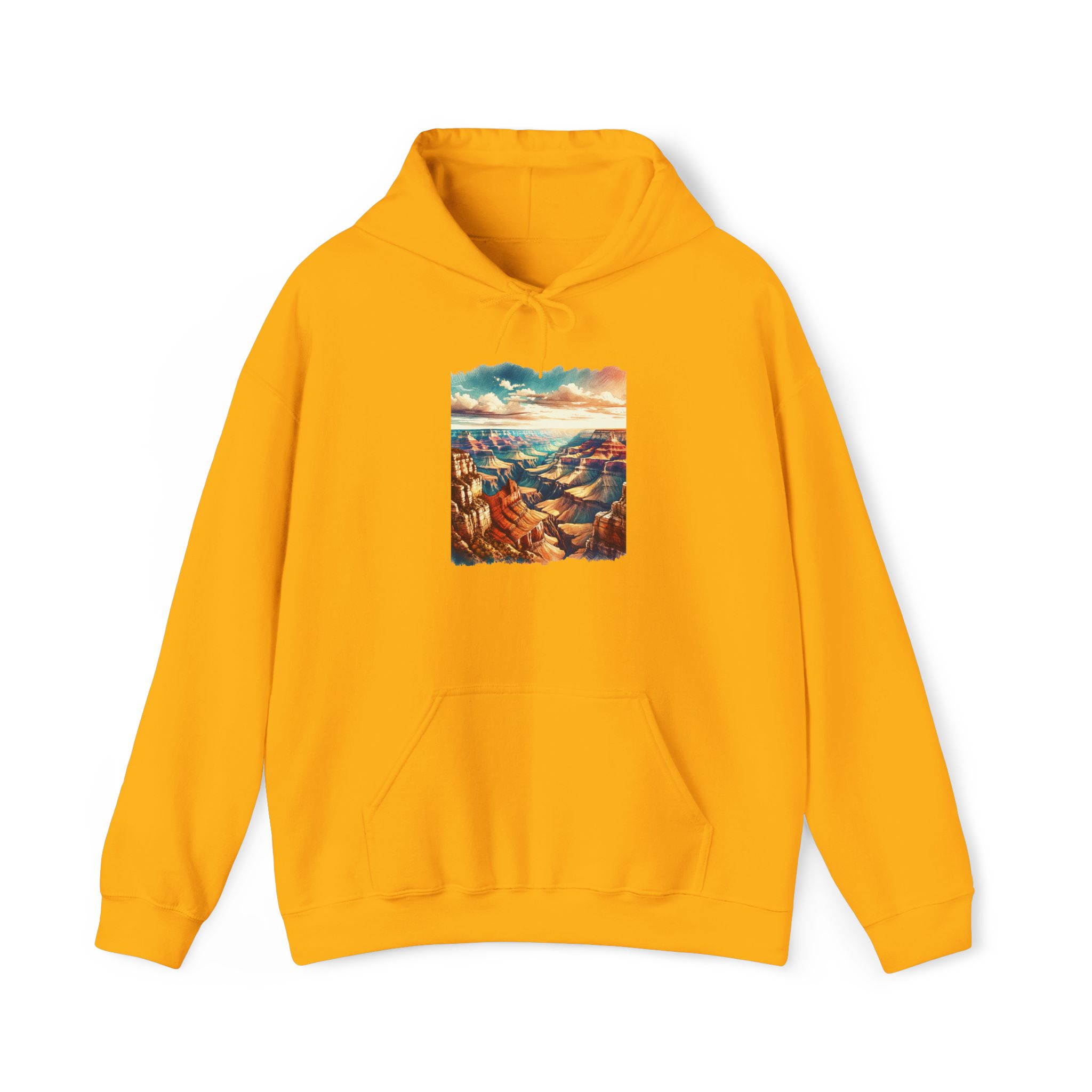Yellow hoodie featuring a graphic of the Grand Canyon landscape on the front.
