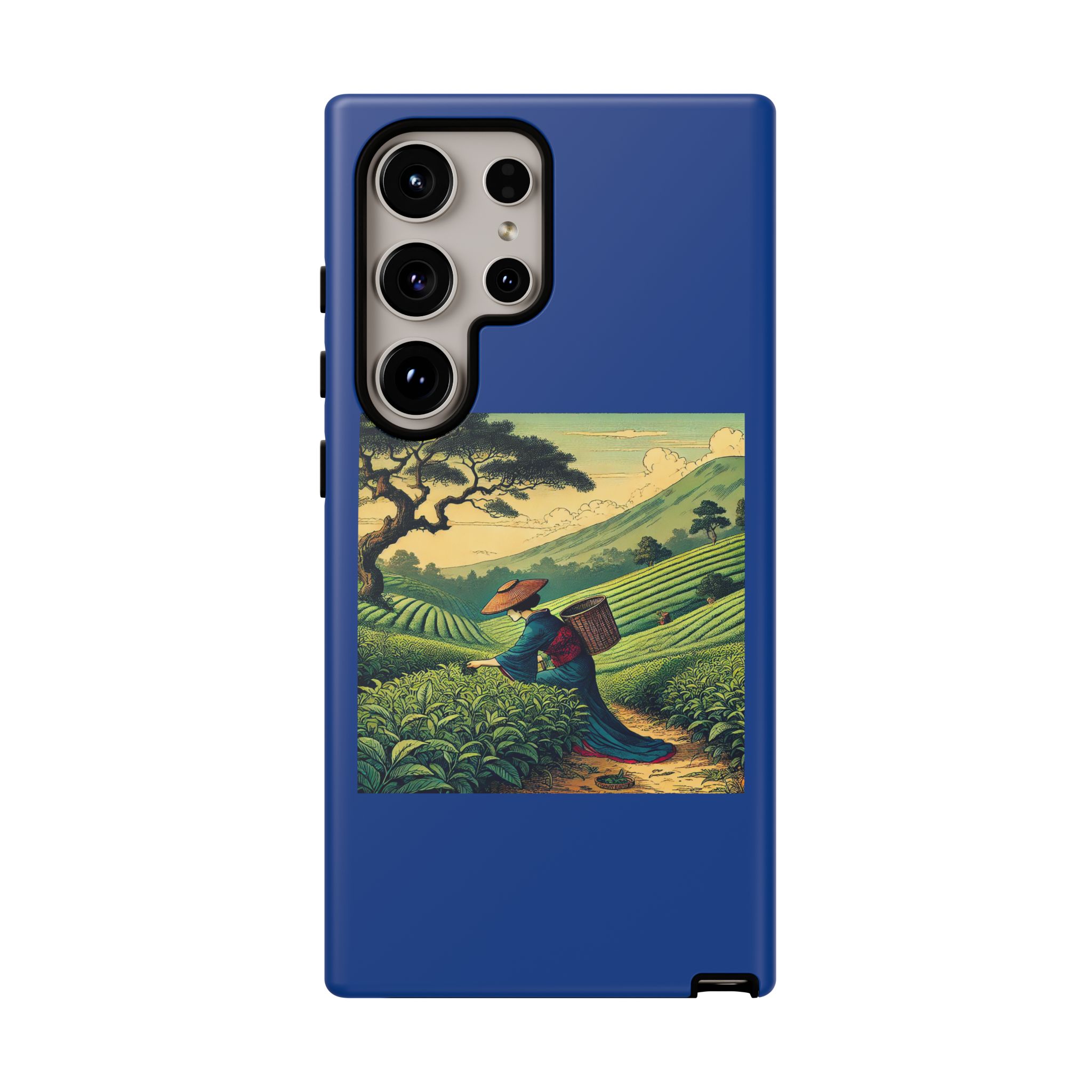 Blue phone case featuring an illustration of a person carrying a basket in a tea plantation.