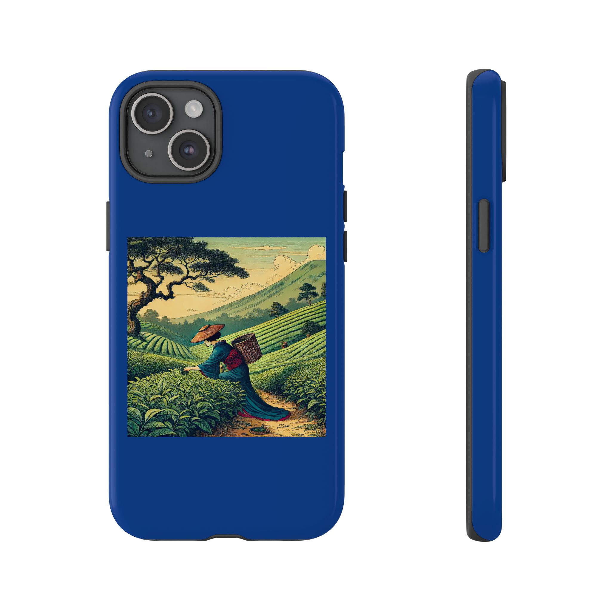 Blue phone case featuring a landscape design with a farmer carrying tools in a field.