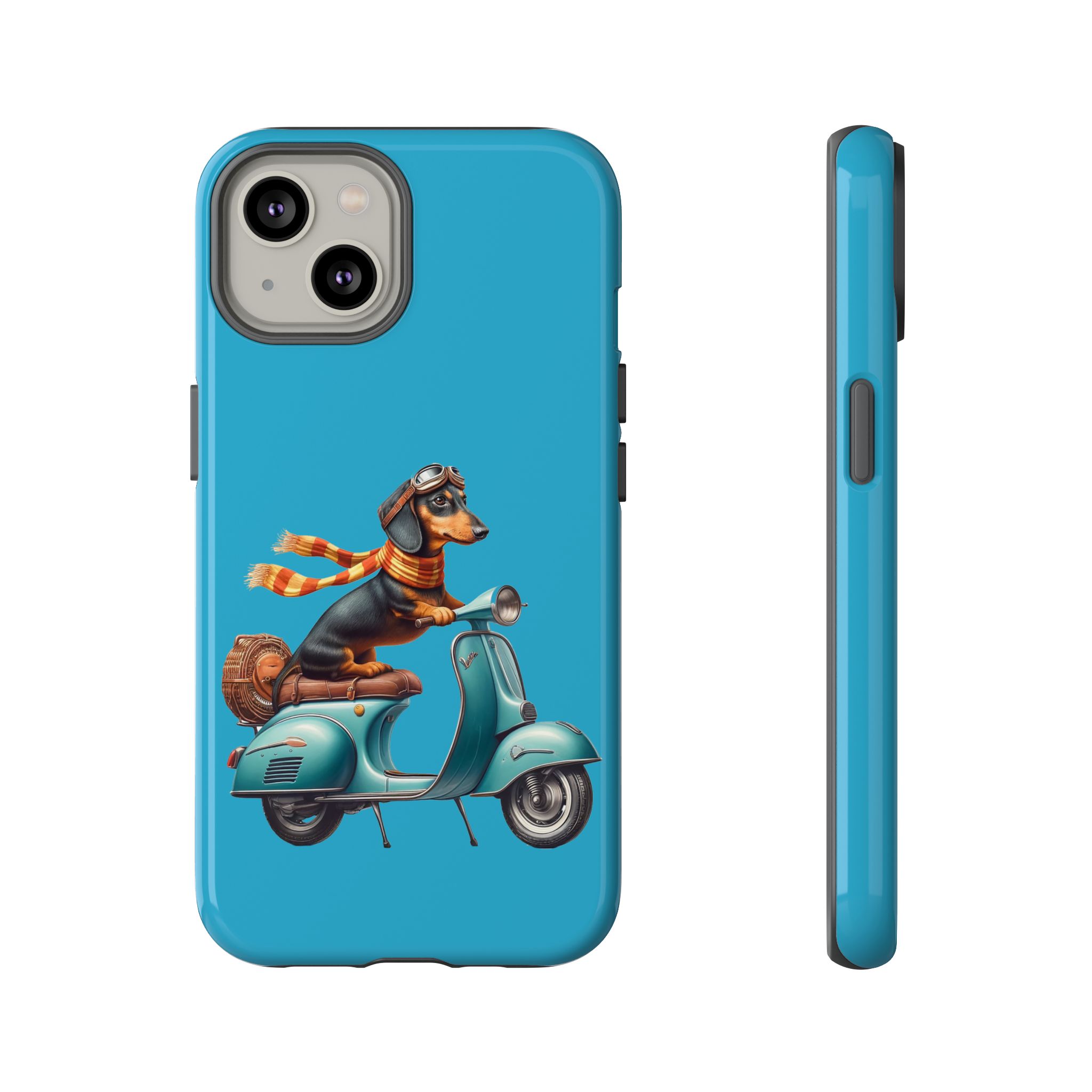 Phone case featuring a dachshund wearing goggles and a scarf riding a blue scooter.