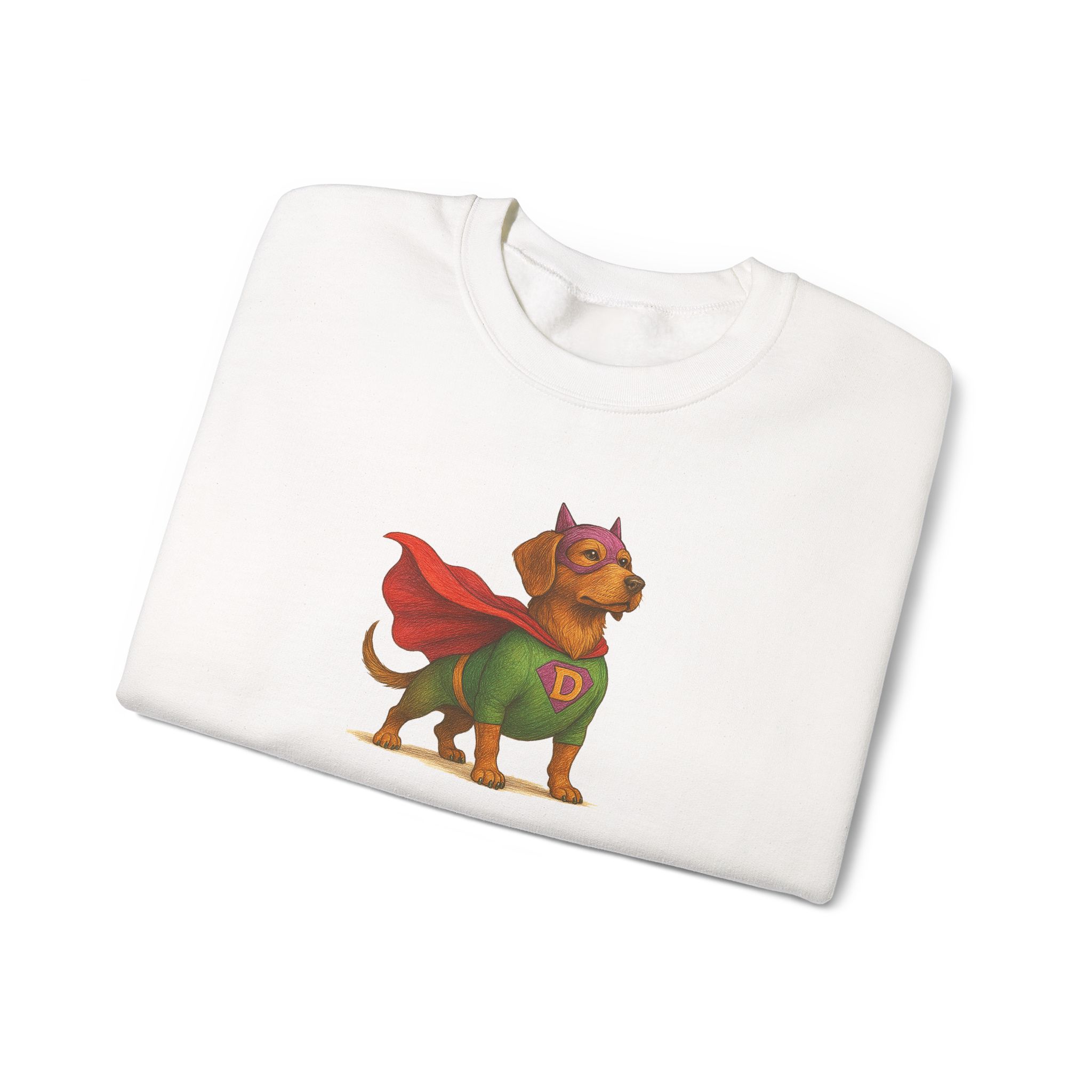 White sweatshirt featuring a dachshund in a superhero costume with a green shirt and red cape.