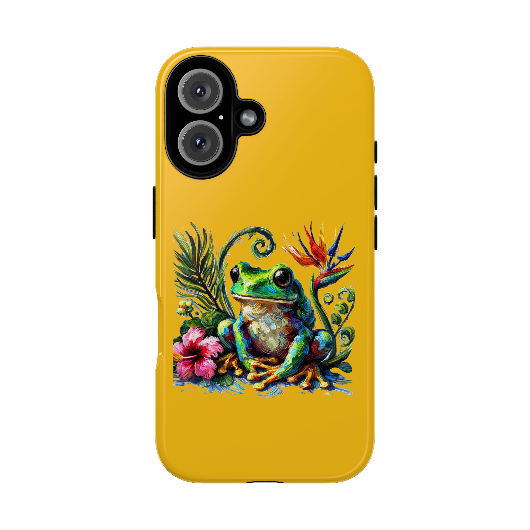 Vibrant phone case featuring a detailed illustration of a frog surrounded by tropical plants and flowers.