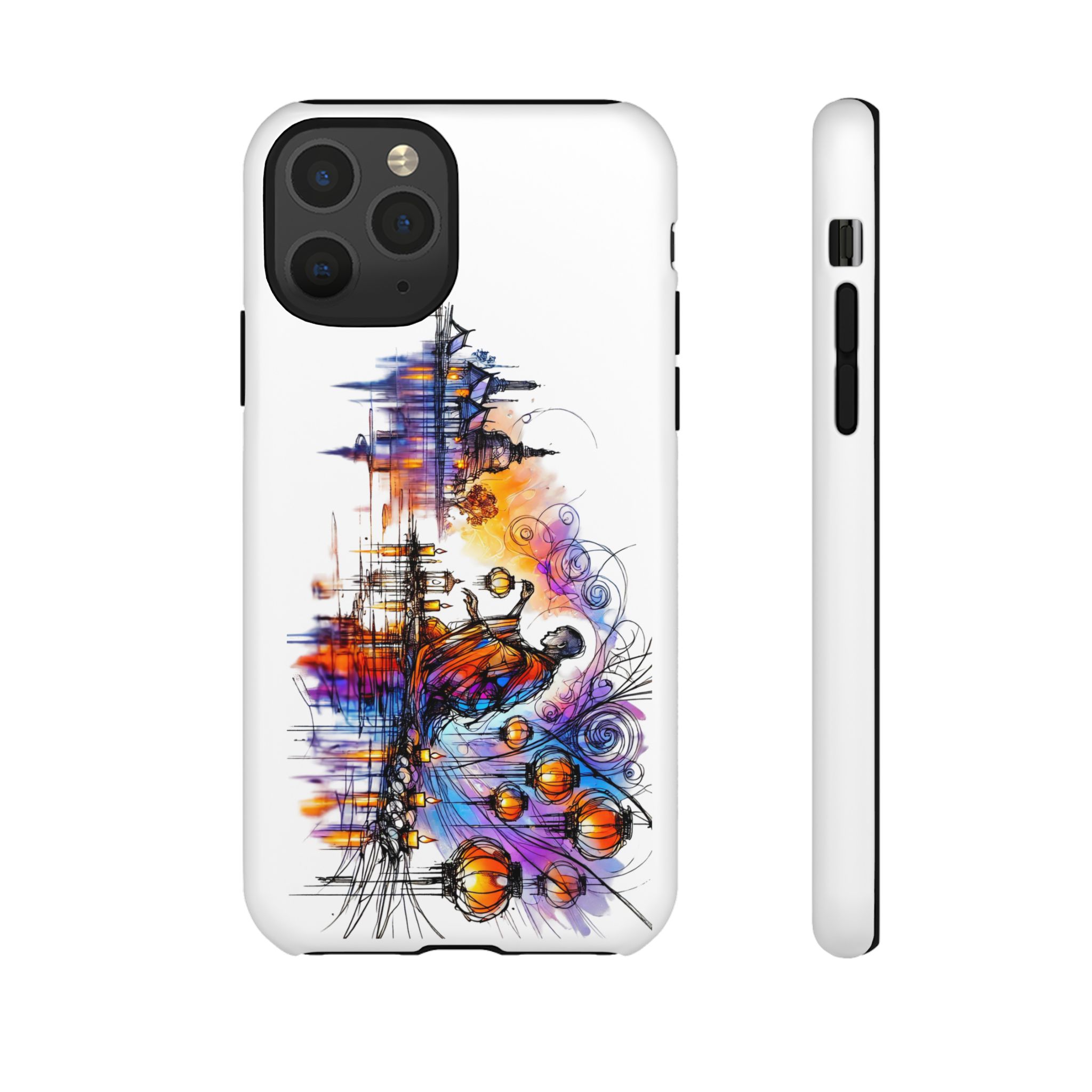 Artistic phone case design featuring abstract colors and a figure in a dynamic pose.