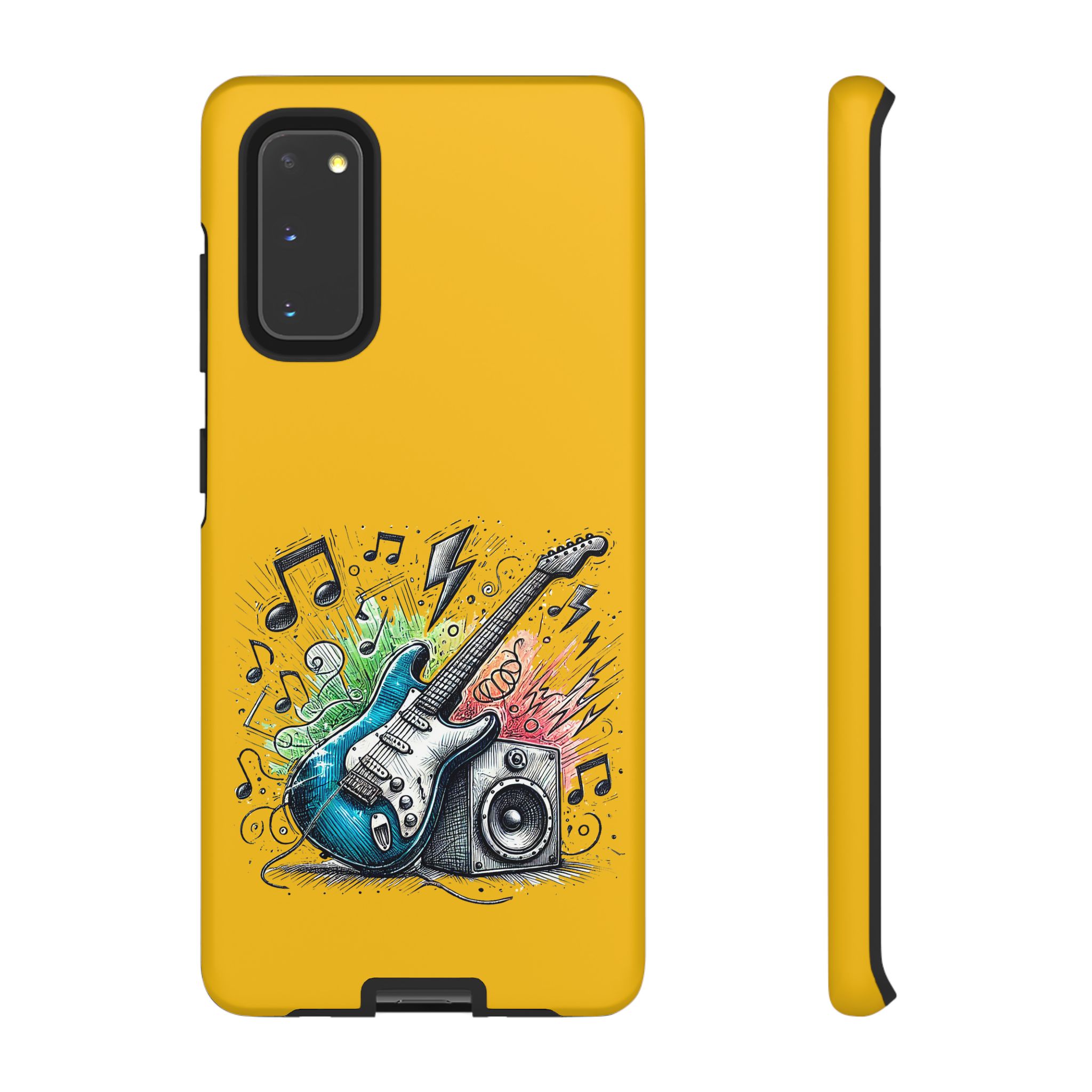 Yellow phone case featuring a graphic of an electric guitar and musical notes.