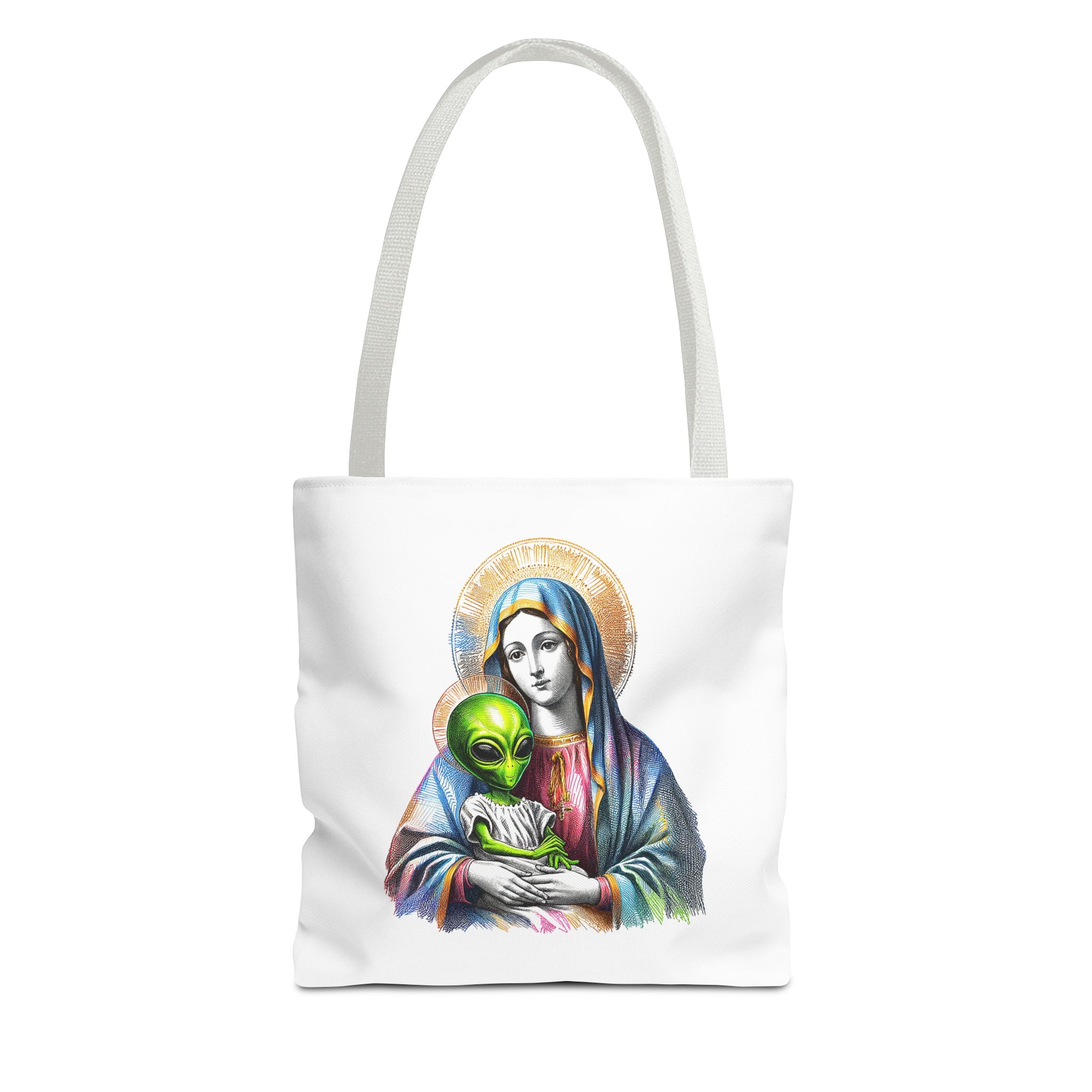 Satiric cute tote bag Boho shoulder bag Alien virgin mary retro shoulder bag fun gift religious design purse unique handbag – Image 13