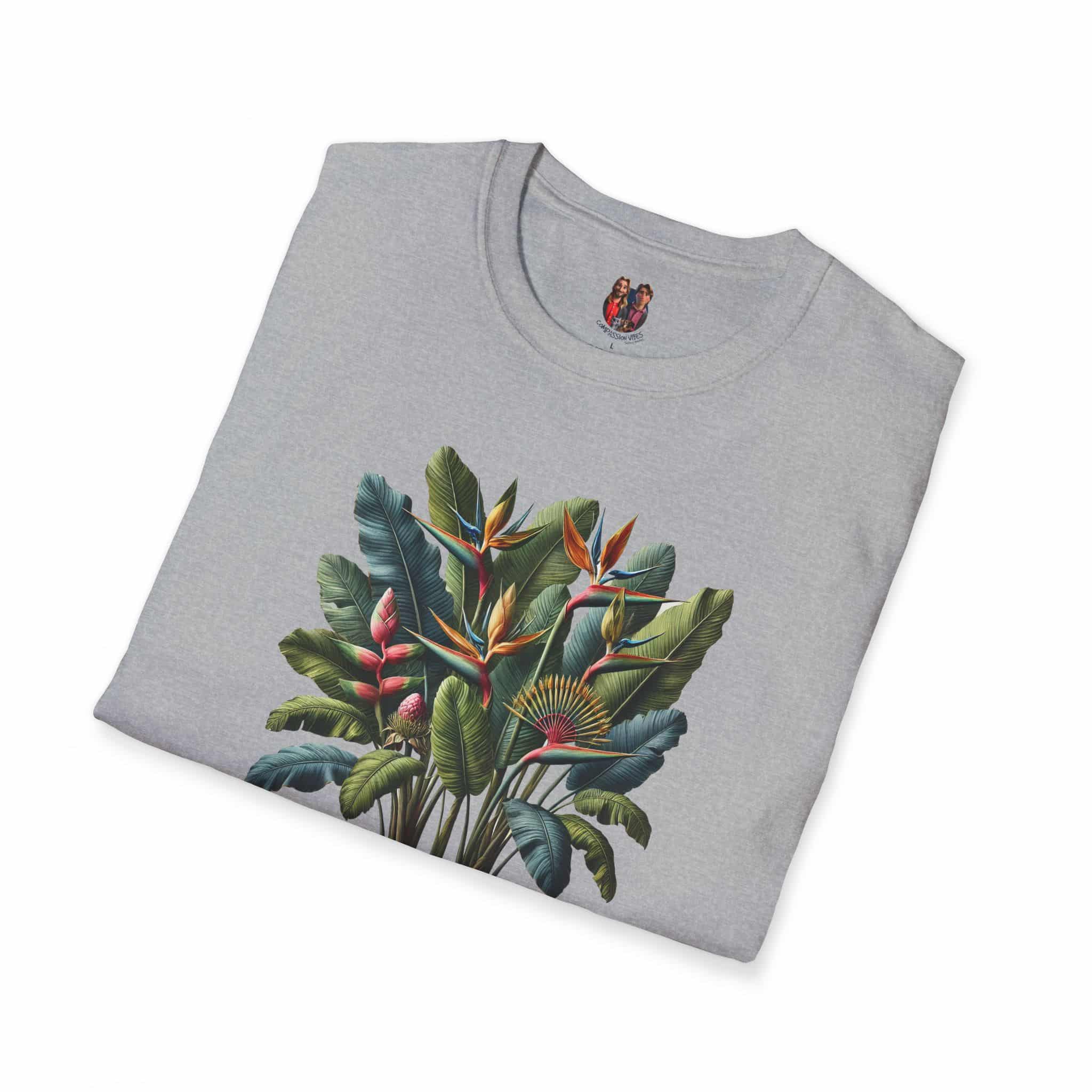 Gray t-shirt featuring a colorful tropical plant design with leaves and flowers.