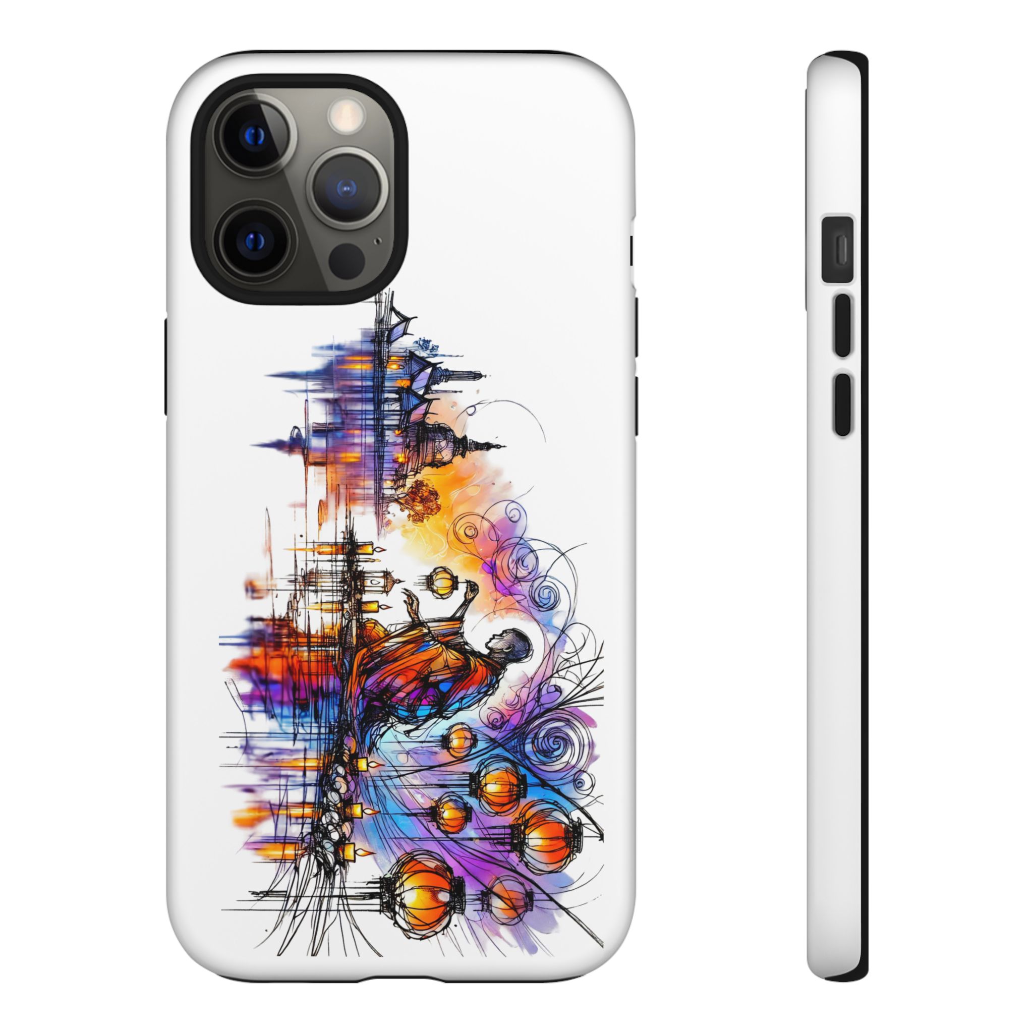 Colorful artistic design of a woman holding a ball on a phone case with a city skyline in the background.