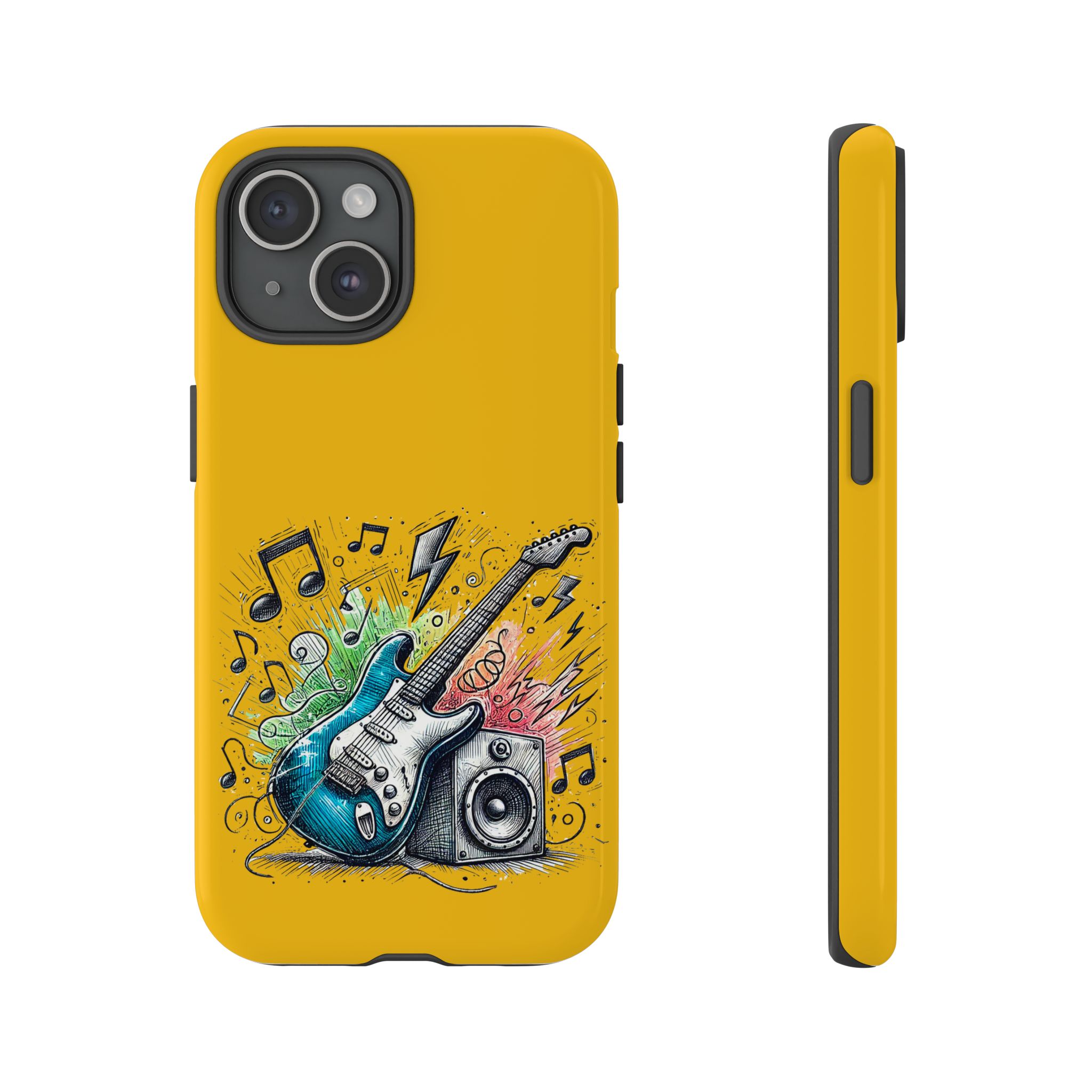 Phone case featuring a blue electric guitar, speaker, and music notes on a yellow background.