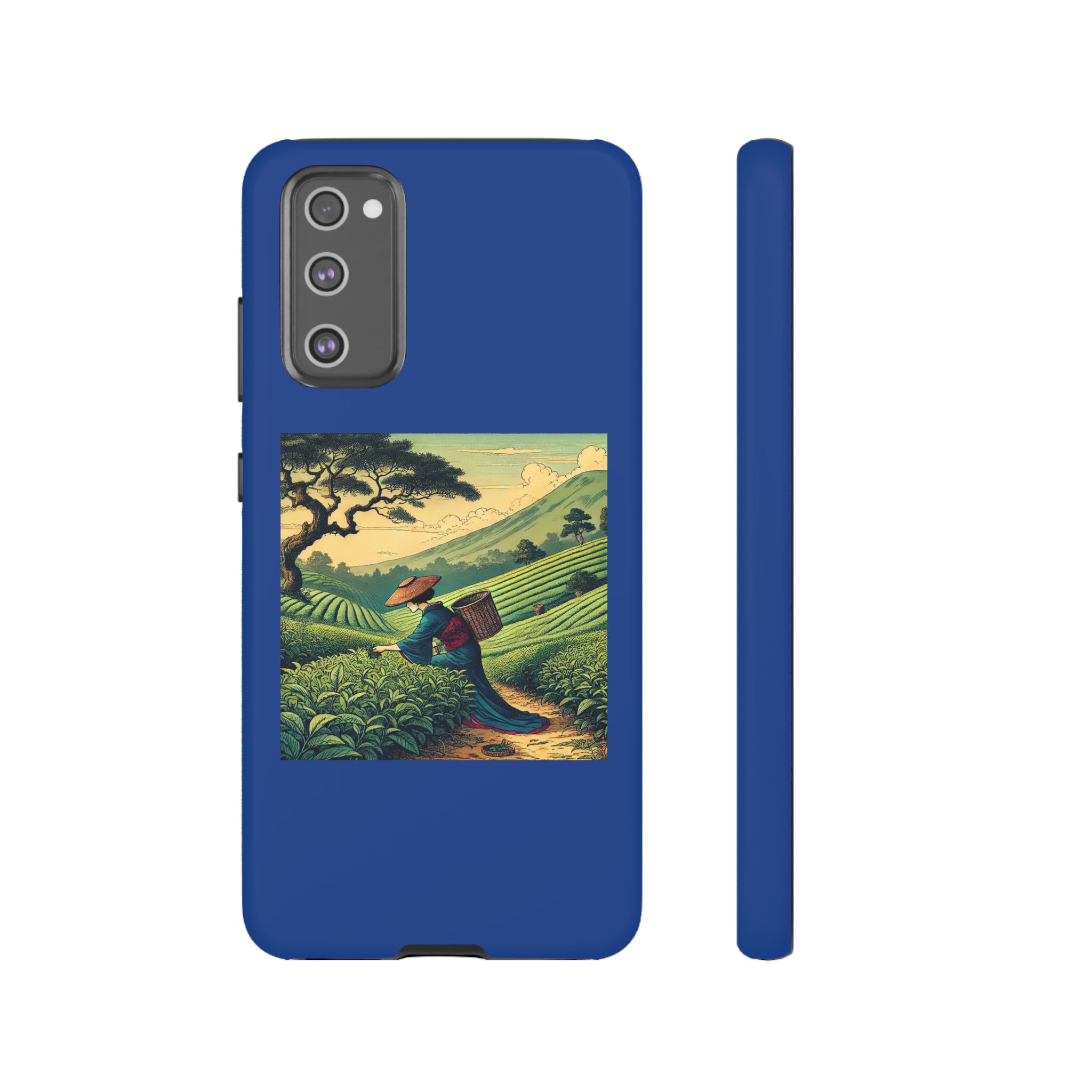 Blue phone case featuring traditional artwork of a farmer in a tea plantation landscape.