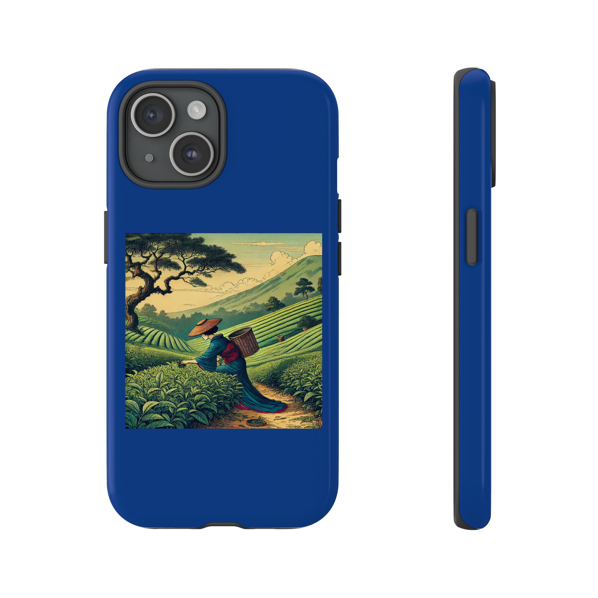 Blue phone case featuring a landscape design with a figure carrying a basket in a green field.