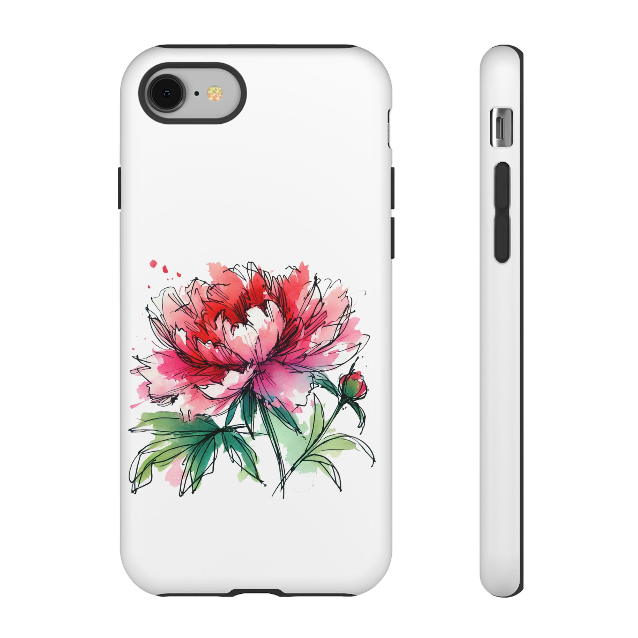Phone case featuring a colorful peony flower illustration on a white background.