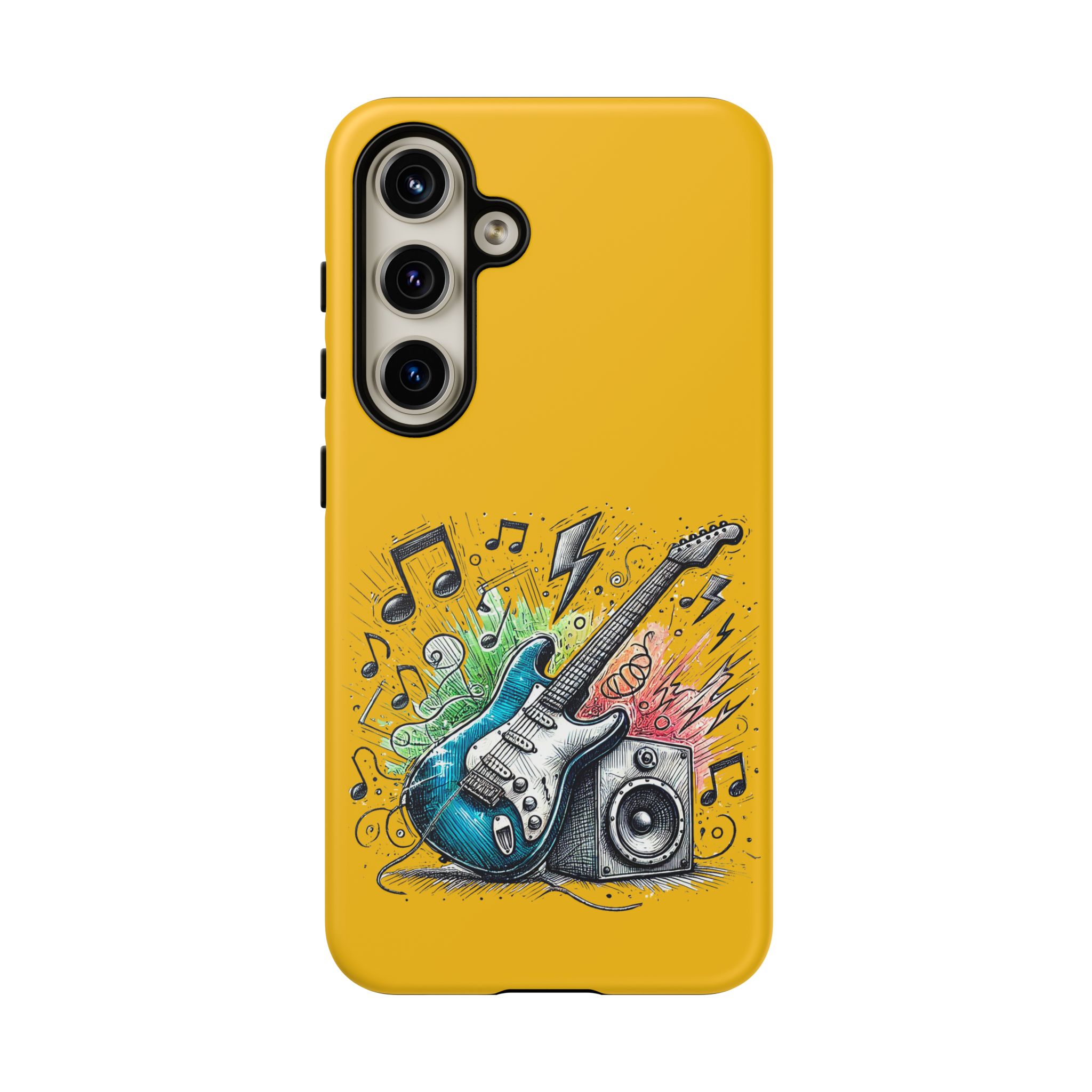 Yellow phone case design featuring a blue electric guitar and a speaker with musical notes.