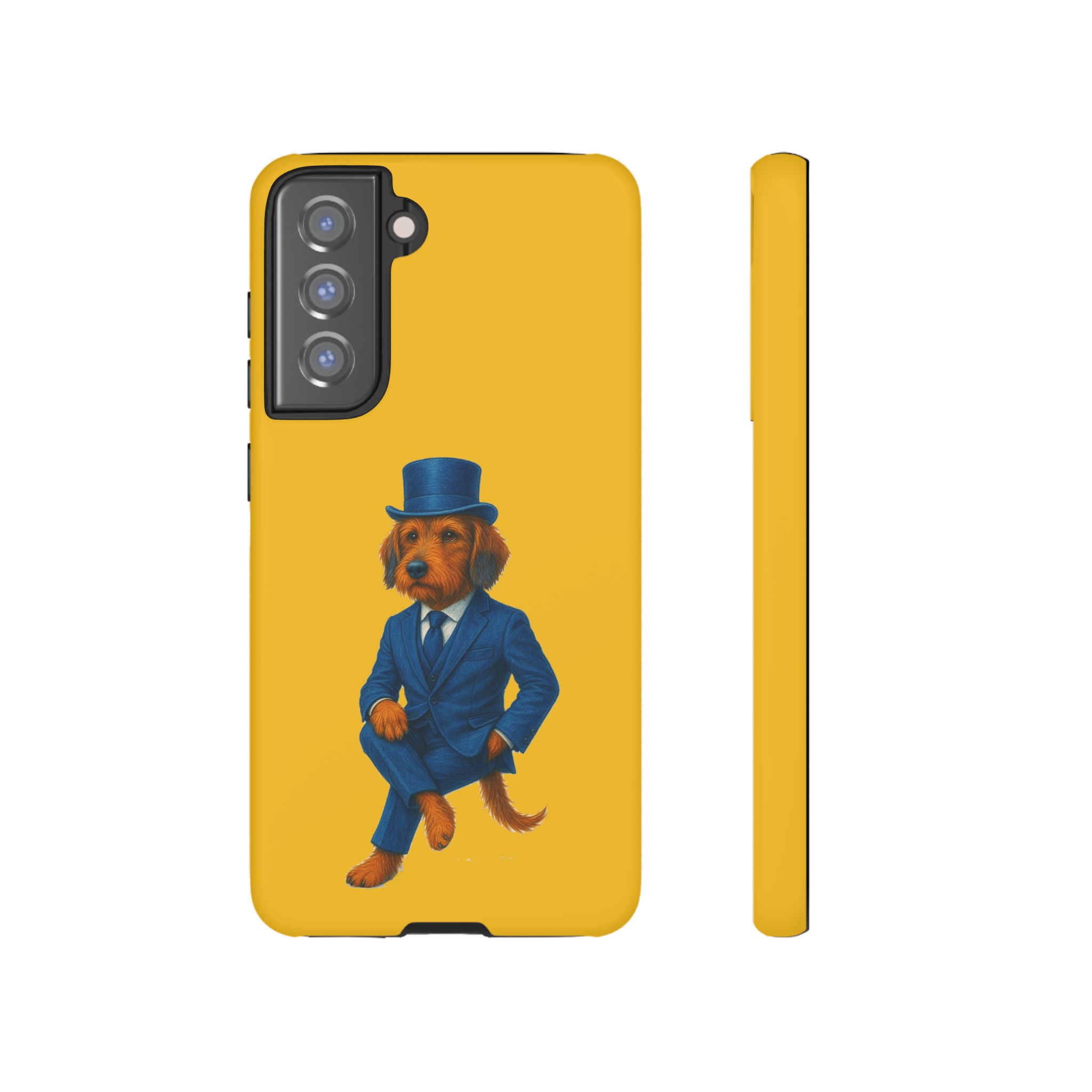 Phone case featuring a dog dressed in a blue suit and top hat against a yellow background.