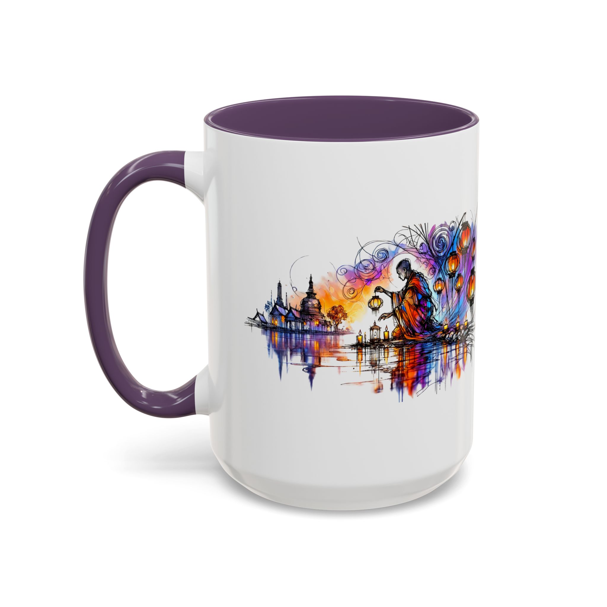 Mug featuring a vibrant artistic design with a figure and colorful patterns against a white background.