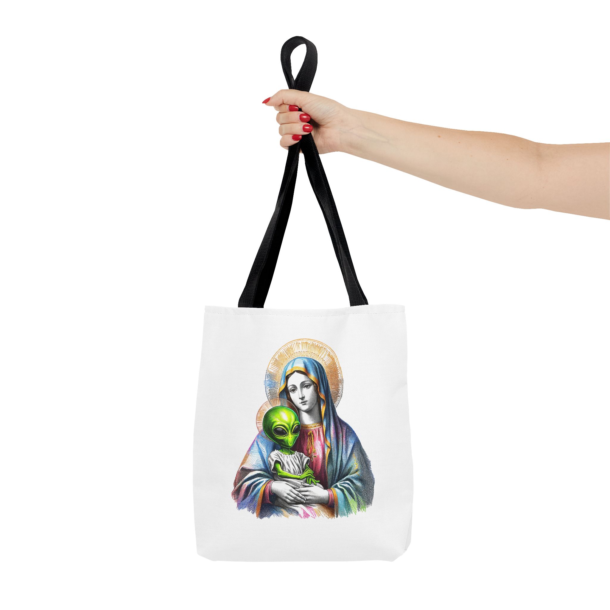 Satiric cute tote bag Boho shoulder bag Alien virgin mary retro shoulder bag fun gift religious design purse unique handbag – Image 2