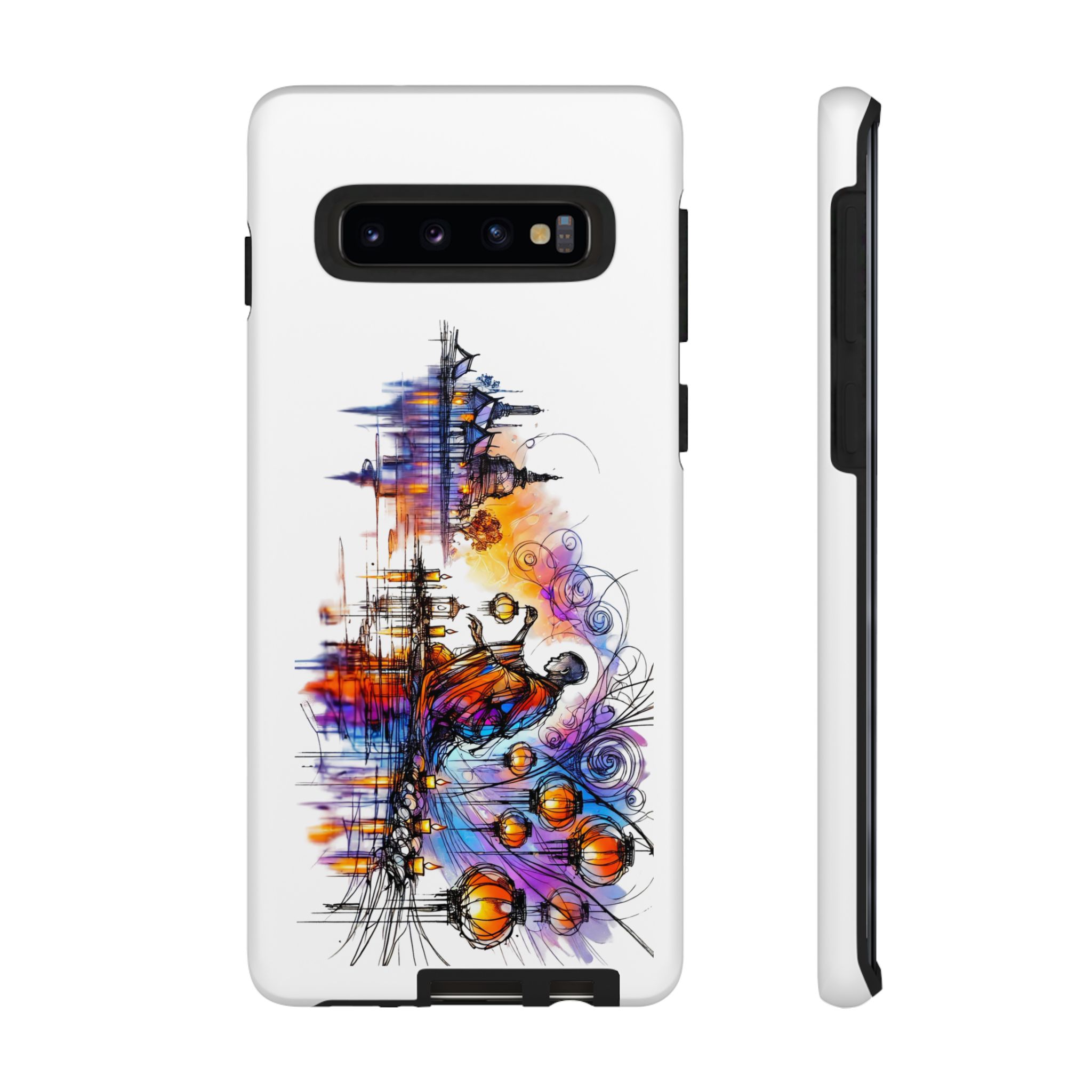 Colorful artistic design on a white phone case featuring abstract shapes and figures.