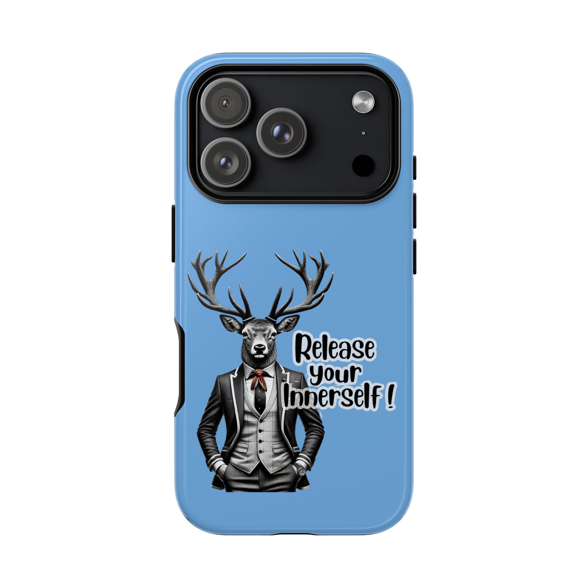 Blue phone case featuring a deer in a suit with the text 'Release your InnerSelf!'