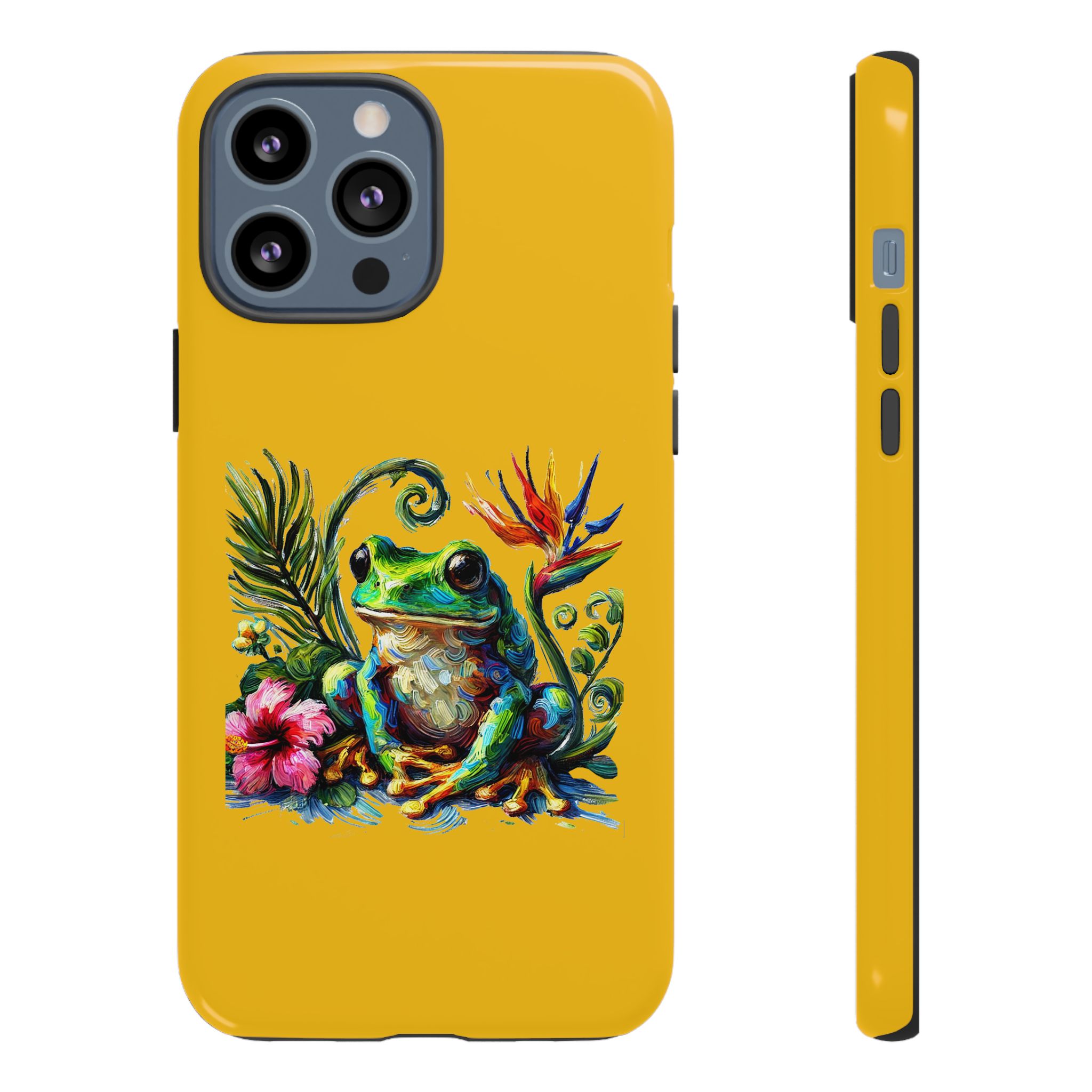 Vibrant phone case featuring a frog surrounded by tropical flowers and foliage on a yellow background.