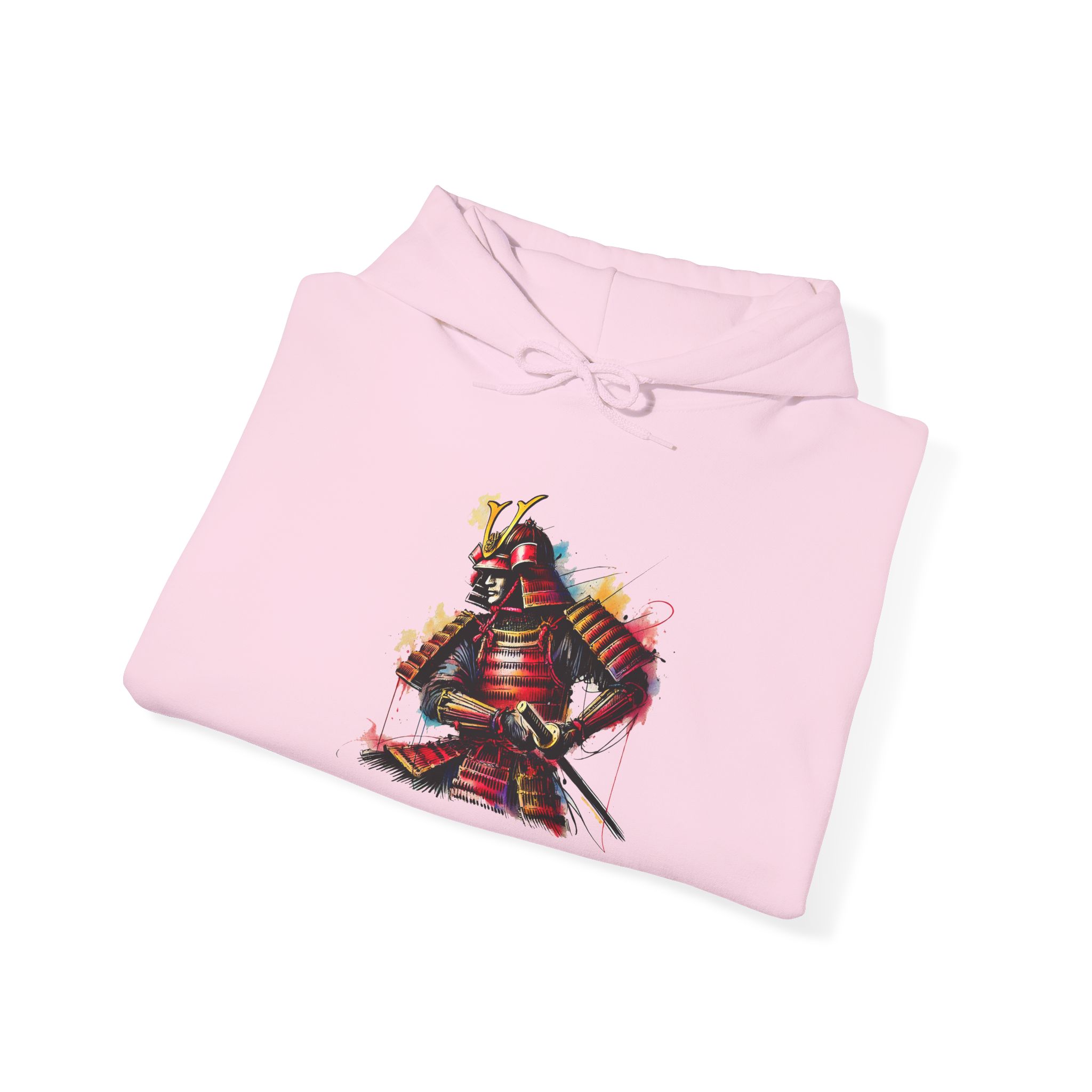 Pink hoodie featuring a colorful illustration of a samurai warrior with a sword.