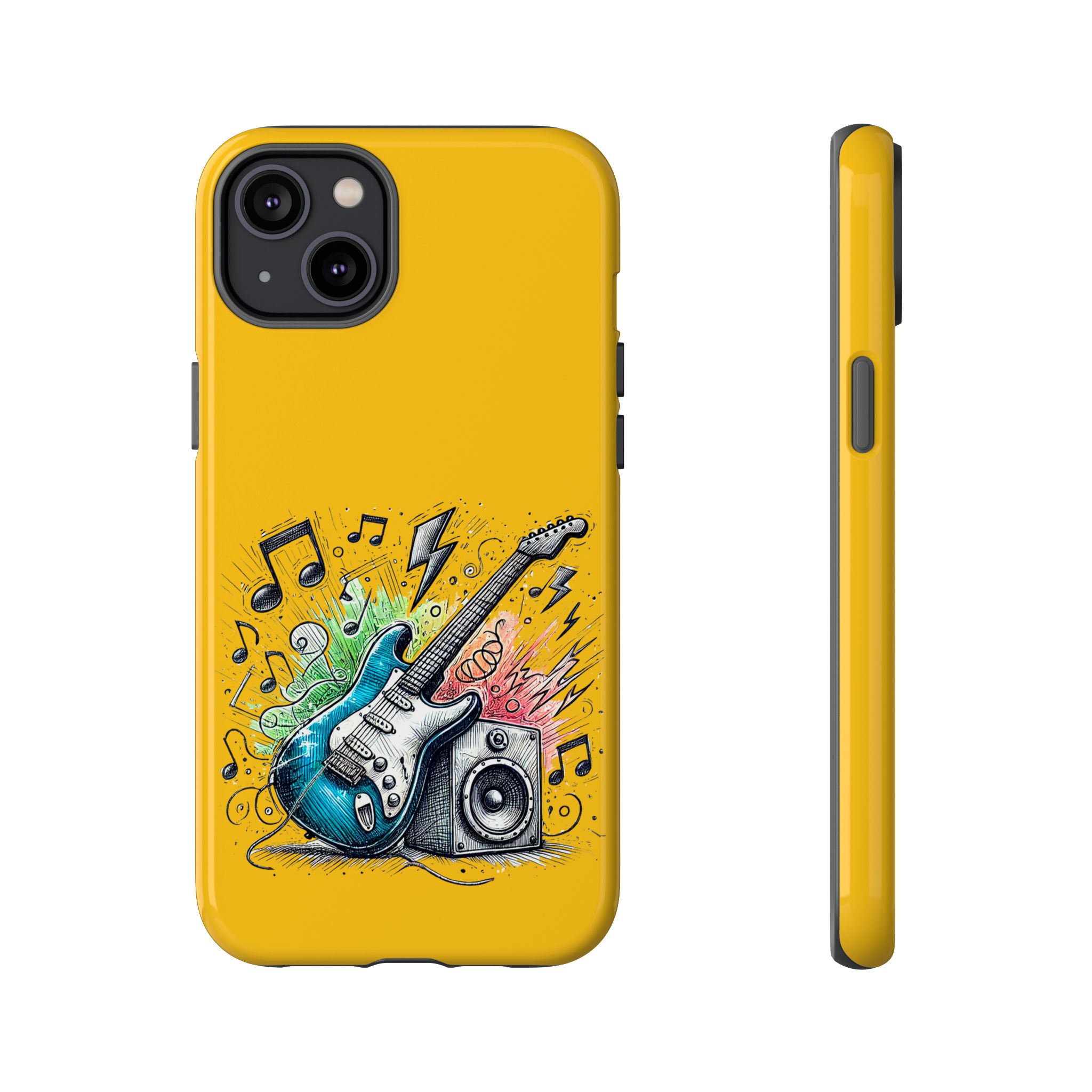 Yellow phone case featuring a graphic of an electric guitar and musical notes.