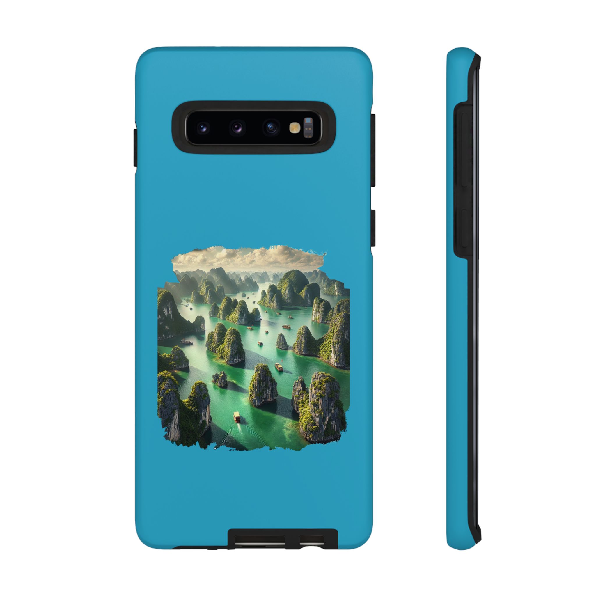 Blue phone case featuring a landscape design with mountains and water.