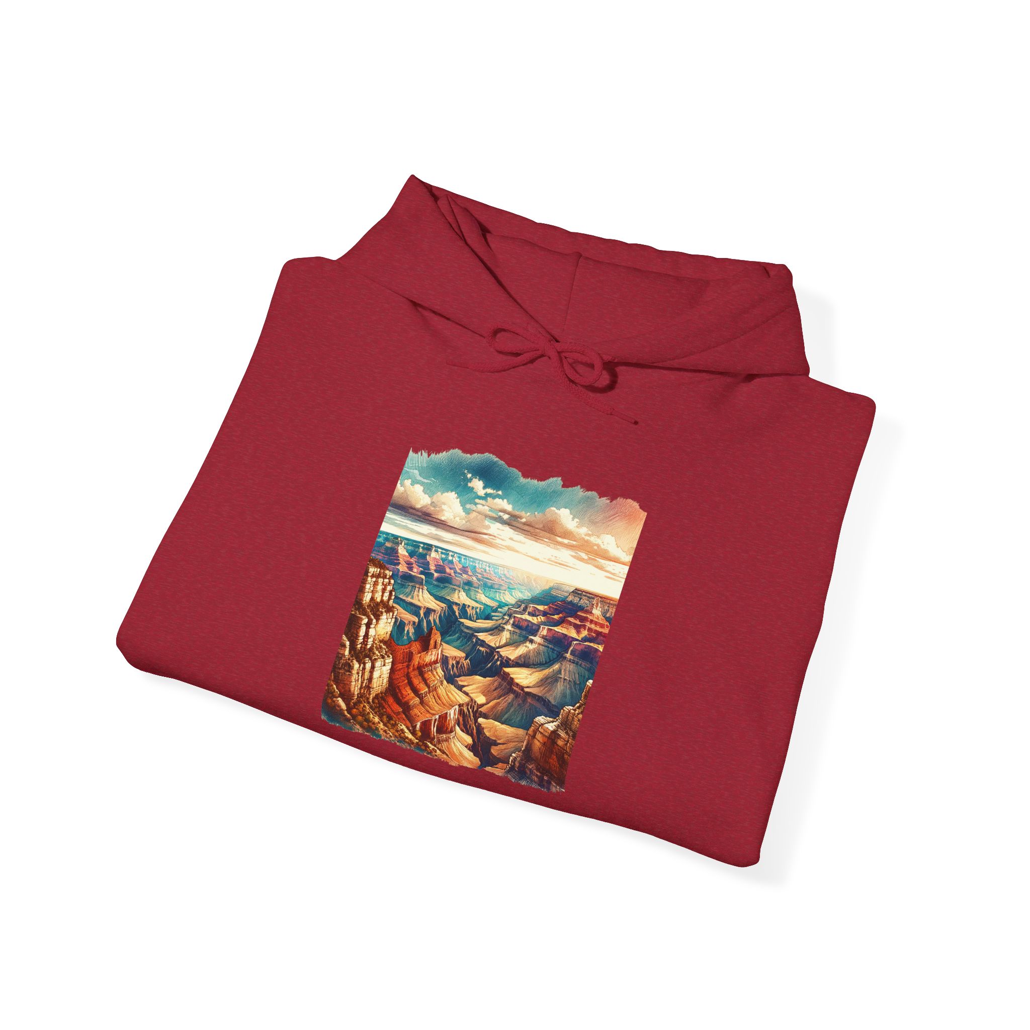 Red hoodie featuring a graphic of the Grand Canyon landscape on the front.