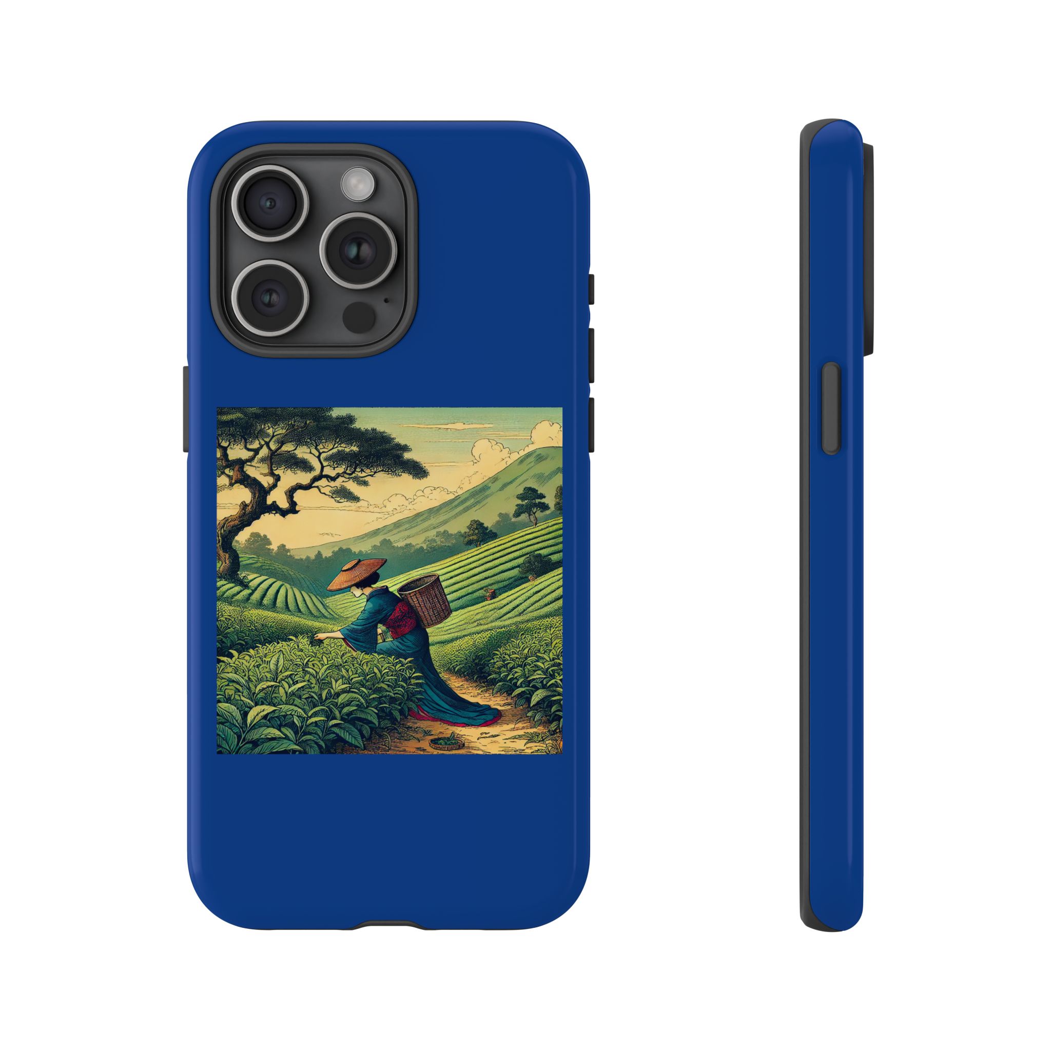 Blue phone case featuring a detailed artwork of a farmer carrying a basket in a green landscape.