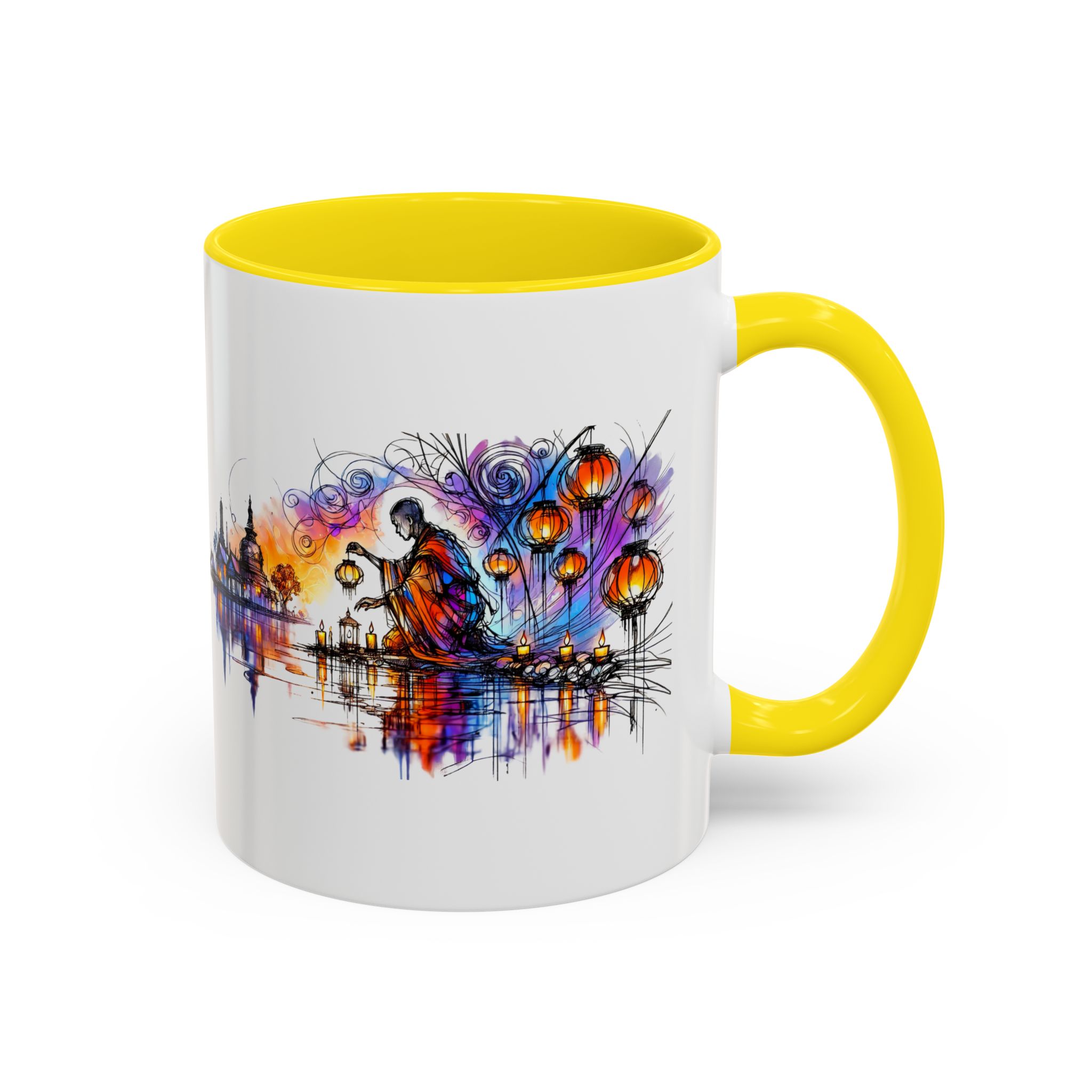 White mug with a colorful artistic design featuring a figure by a river with lanterns and a vibrant background.