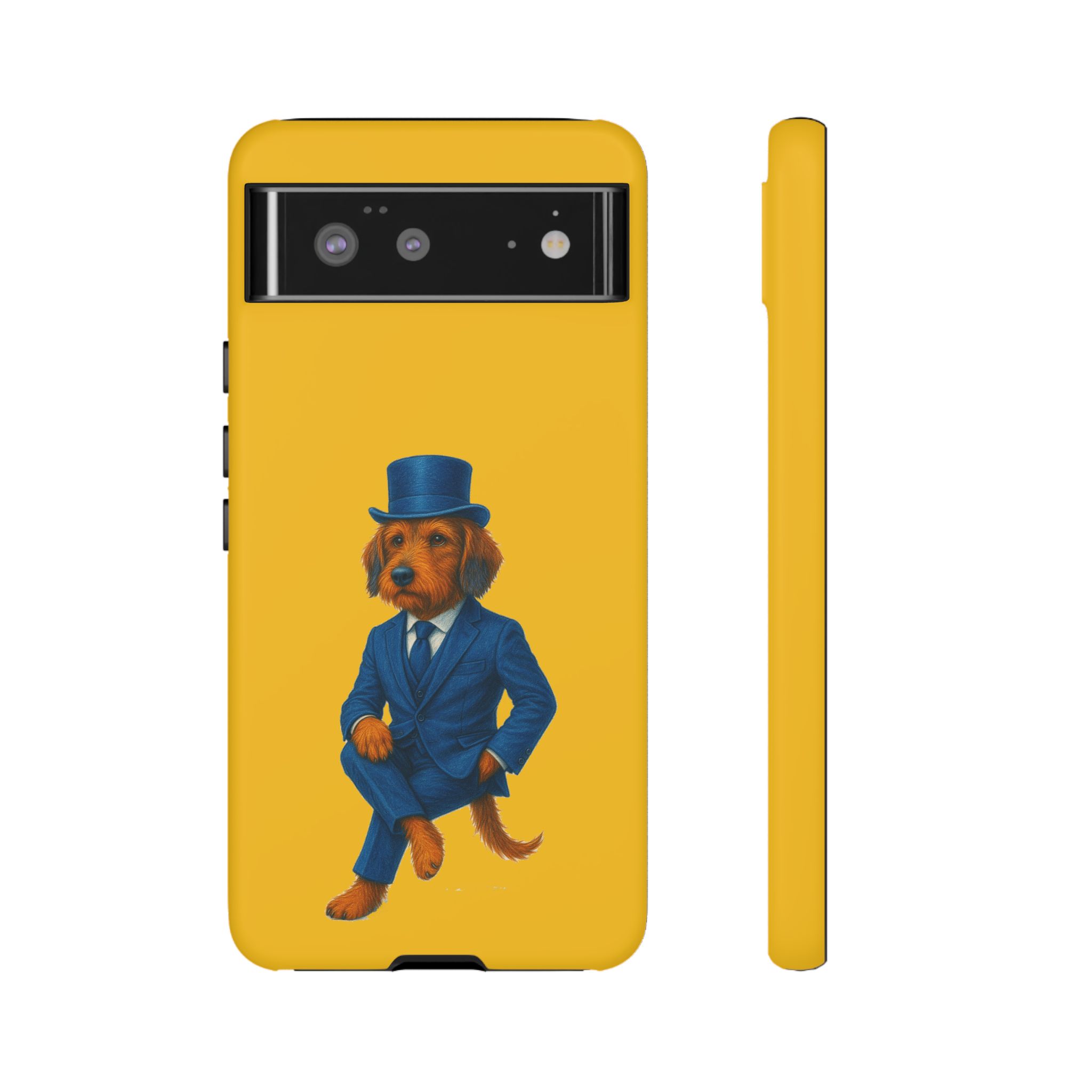 Yellow phone case featuring an illustration of a dog wearing a blue suit and top hat.