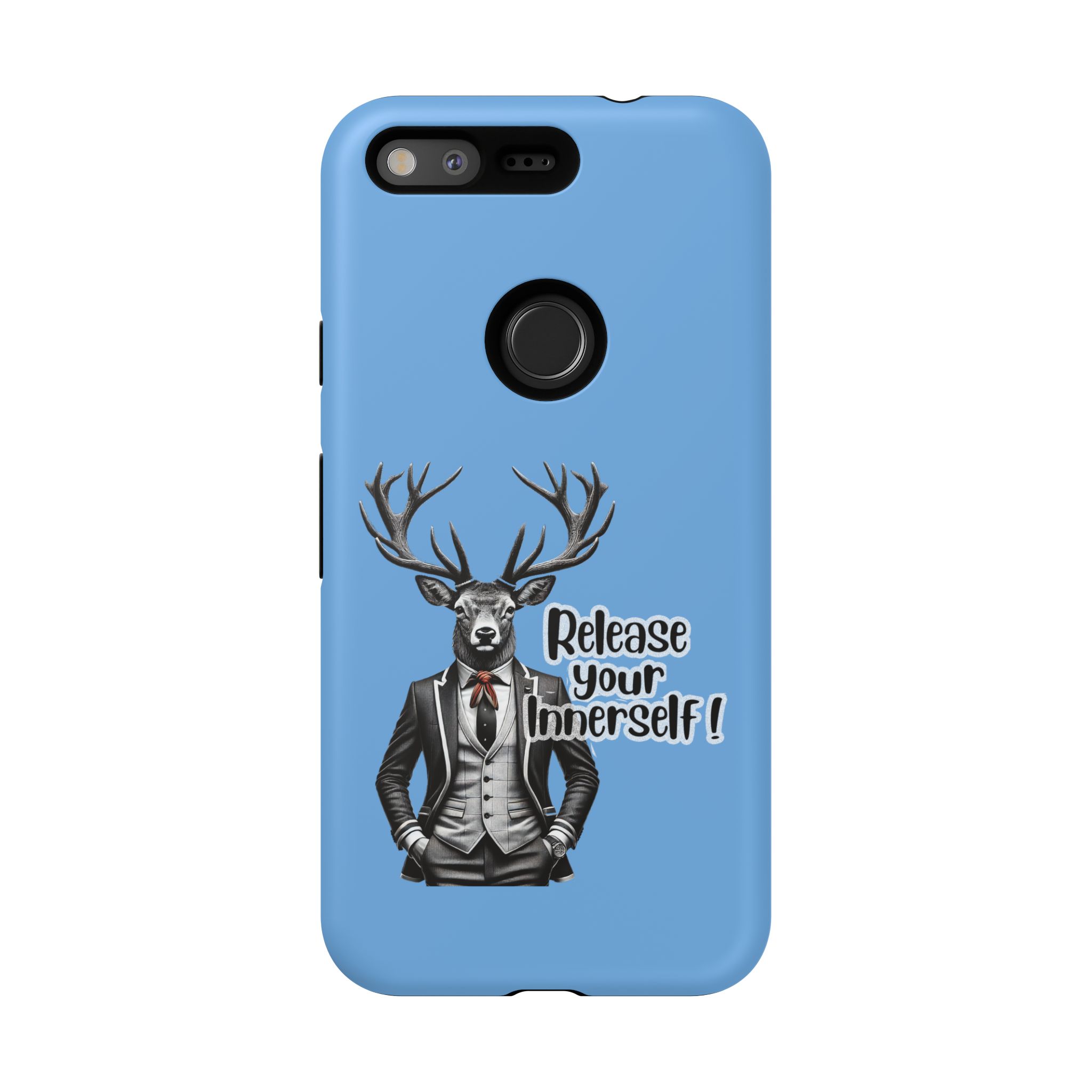 A stylized illustration of a deer wearing a suit with the text 'Release your Innerself!' on a blue background.