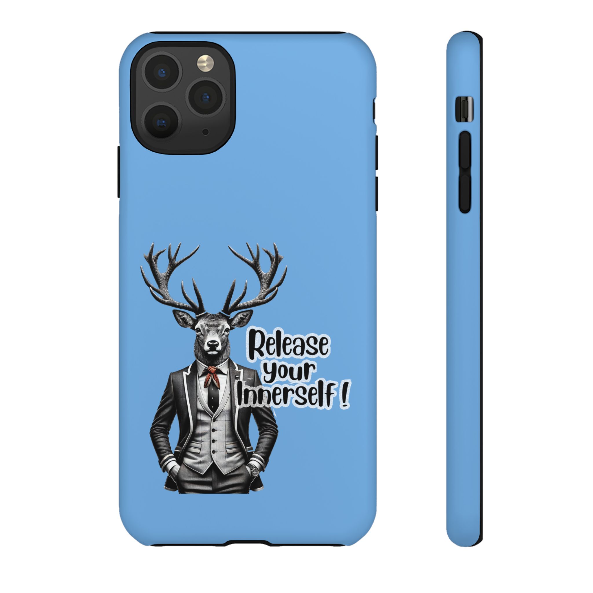 Phone case featuring a deer in a suit with the text 'Release your InnerSelf!' on a blue background.