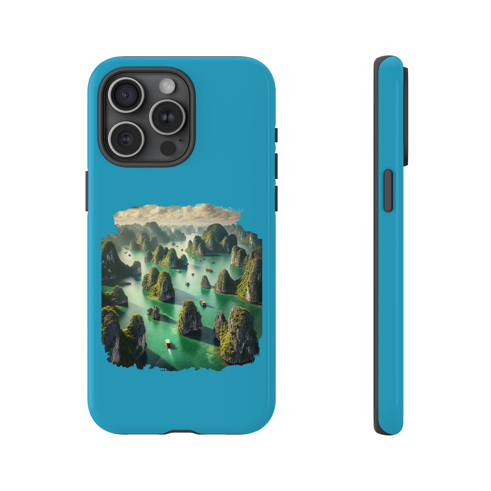 Phone case featuring a scenic landscape of green islands and boats in a body of water.