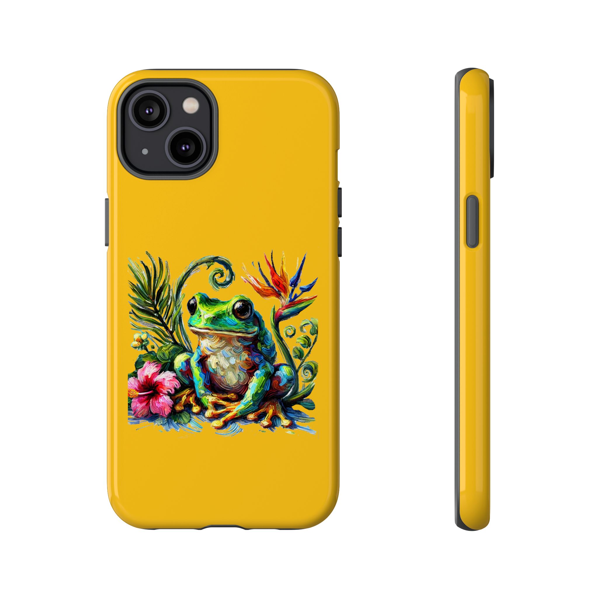 Yellow phone case featuring a colorful frog and tropical flowers on the back.