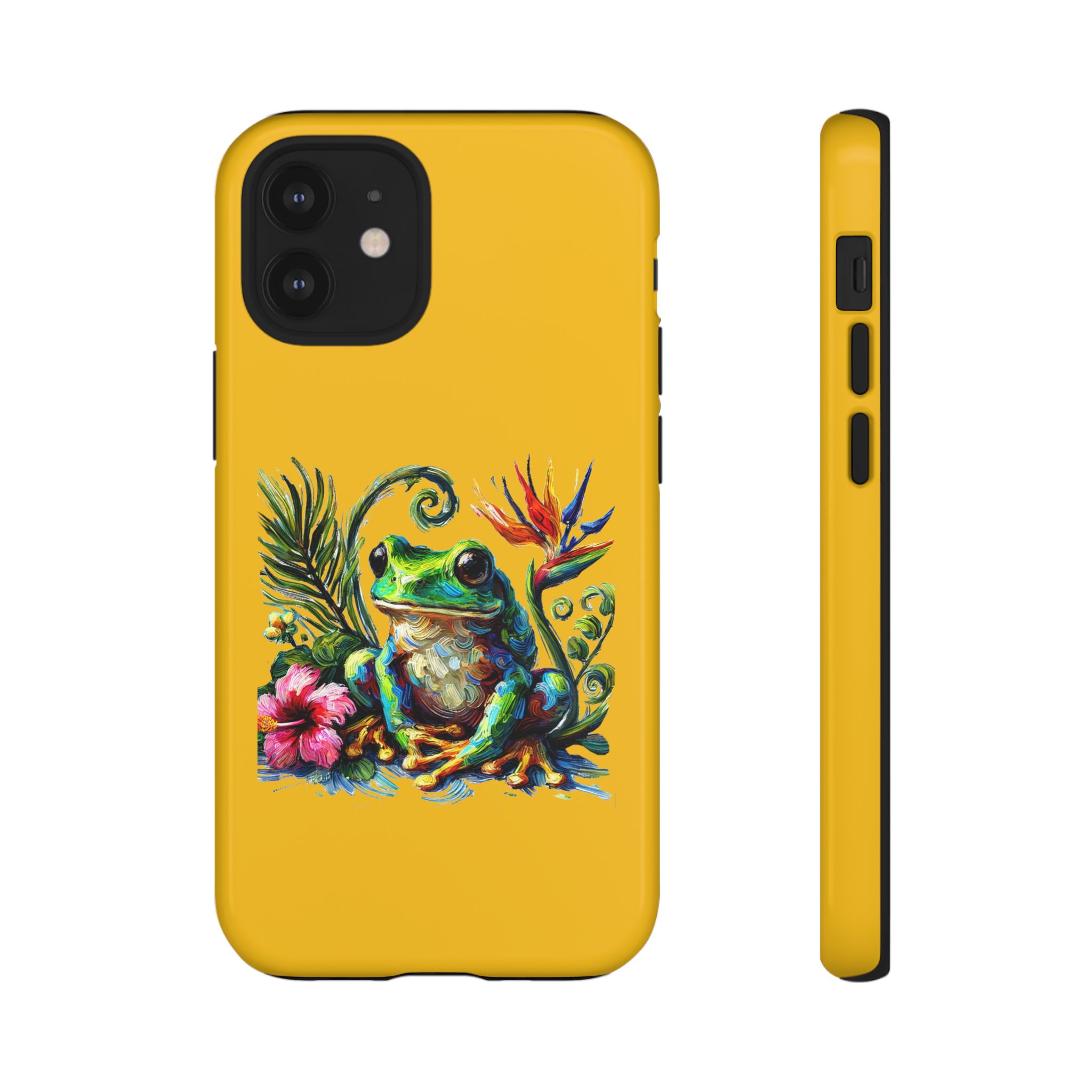 Yellow phone case featuring a colorful frog design with flowers and leaves.