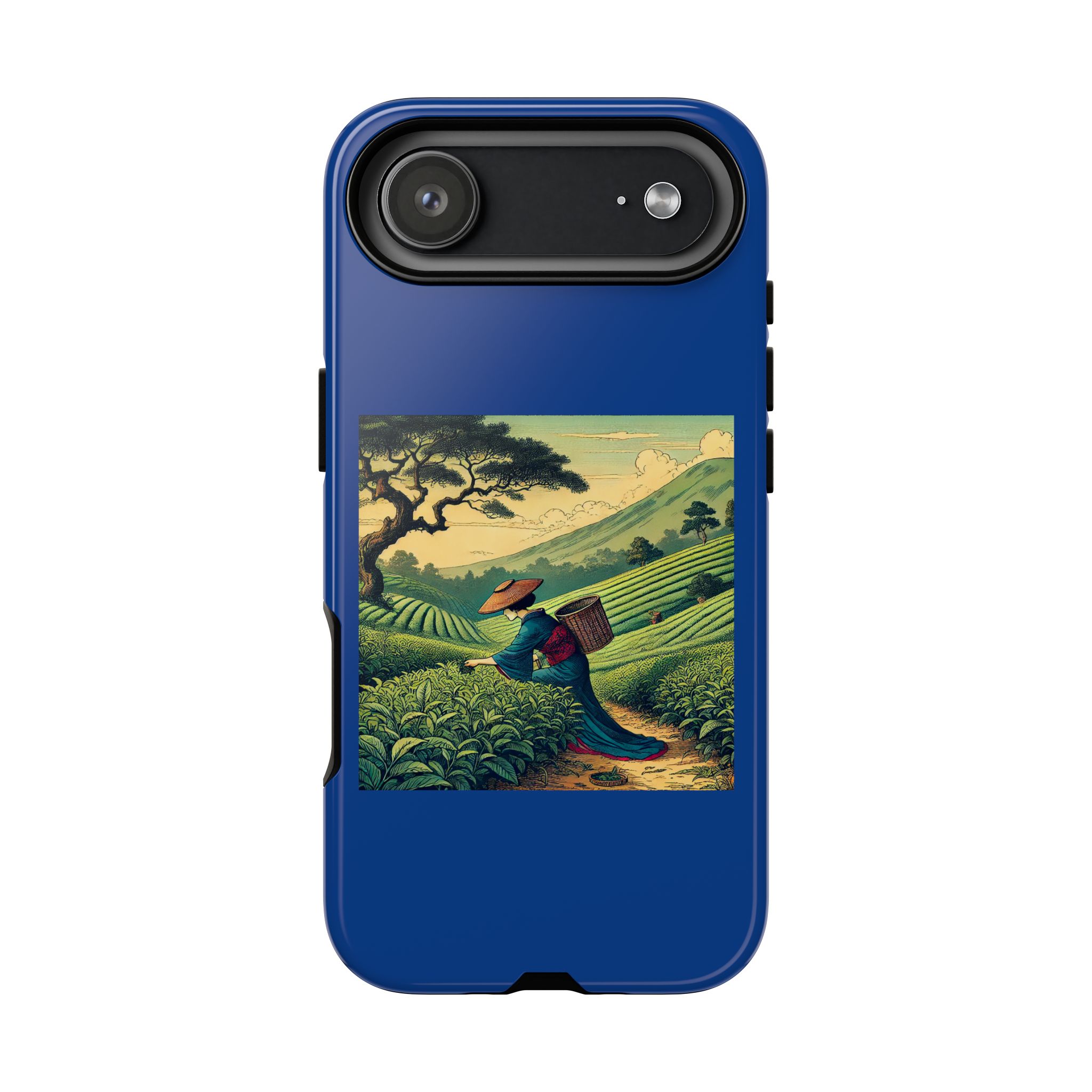 Blue phone case featuring artwork of a tea farmer walking through green tea fields.