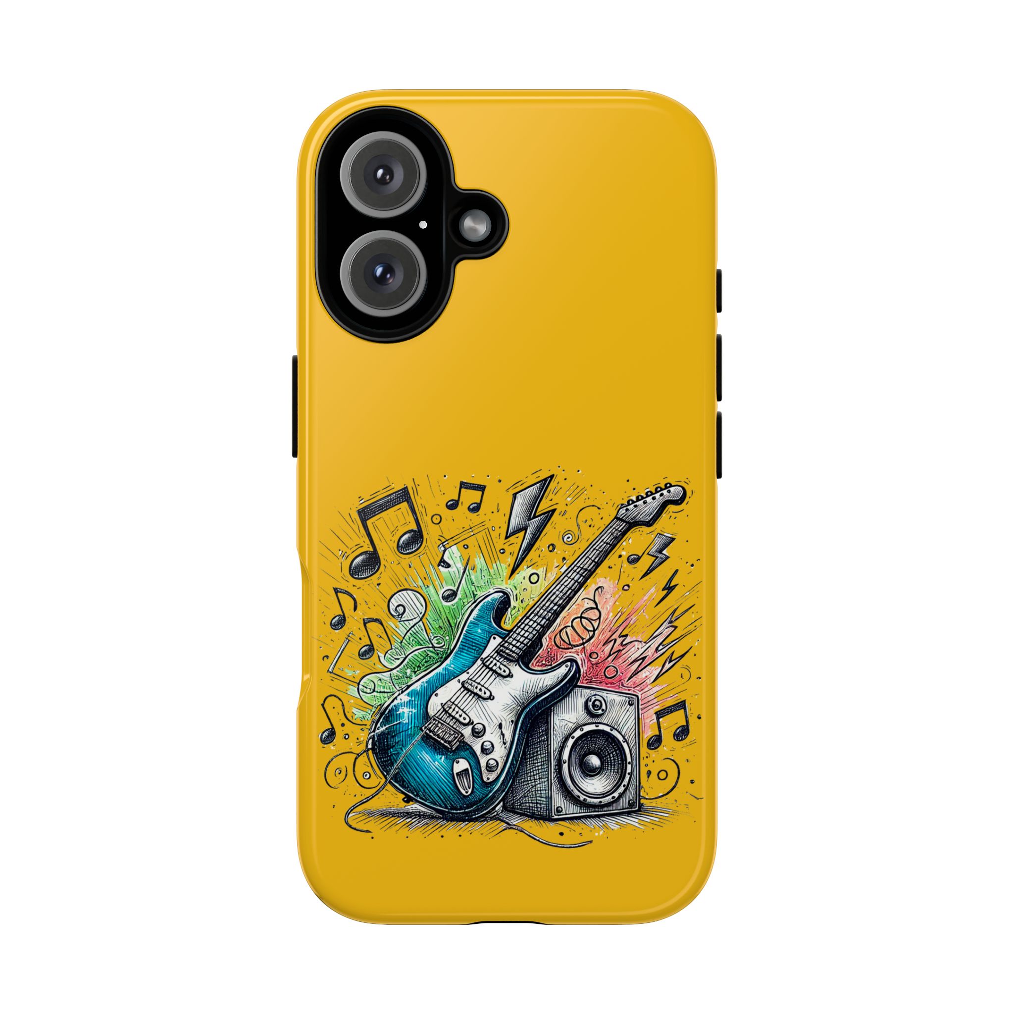 Yellow phone case featuring a blue electric guitar and speaker with musical notes and lightning graphics.