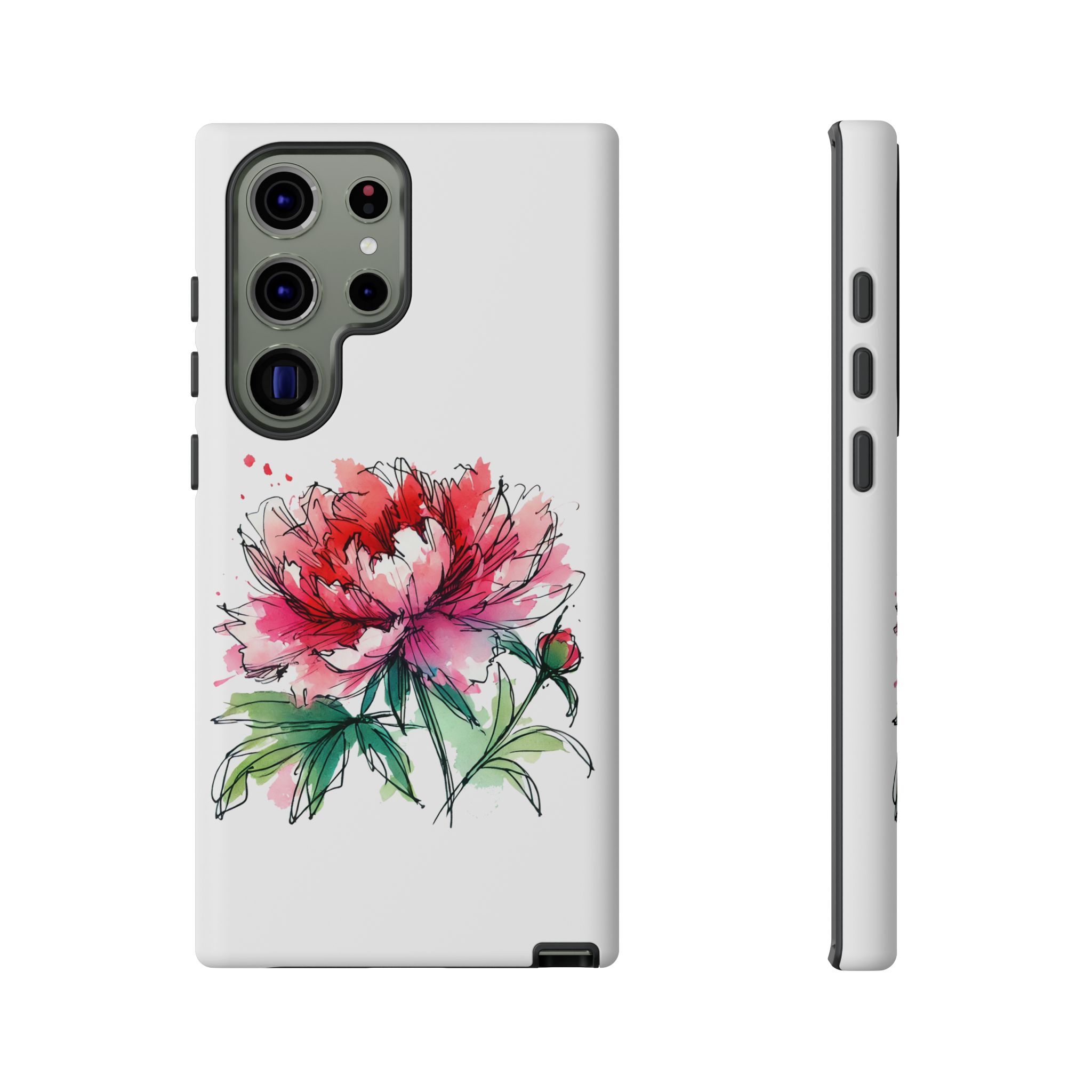 Smartphone case featuring a watercolor illustration of a pink peony flower on a white background.