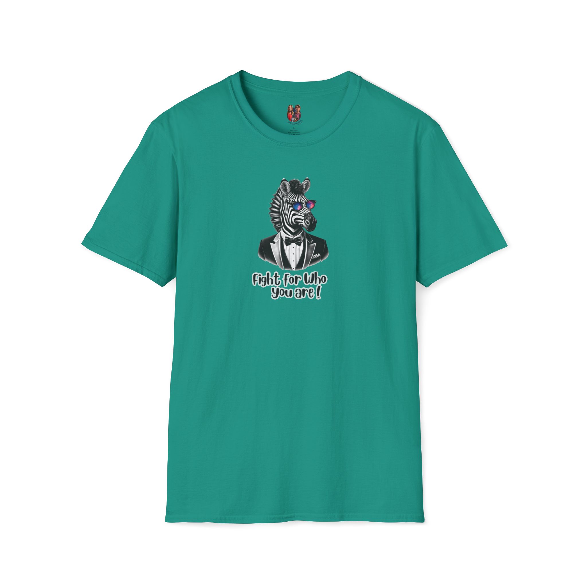 Teal t-shirt featuring a zebra wearing a tuxedo with the text 'Fight for Who you are!'