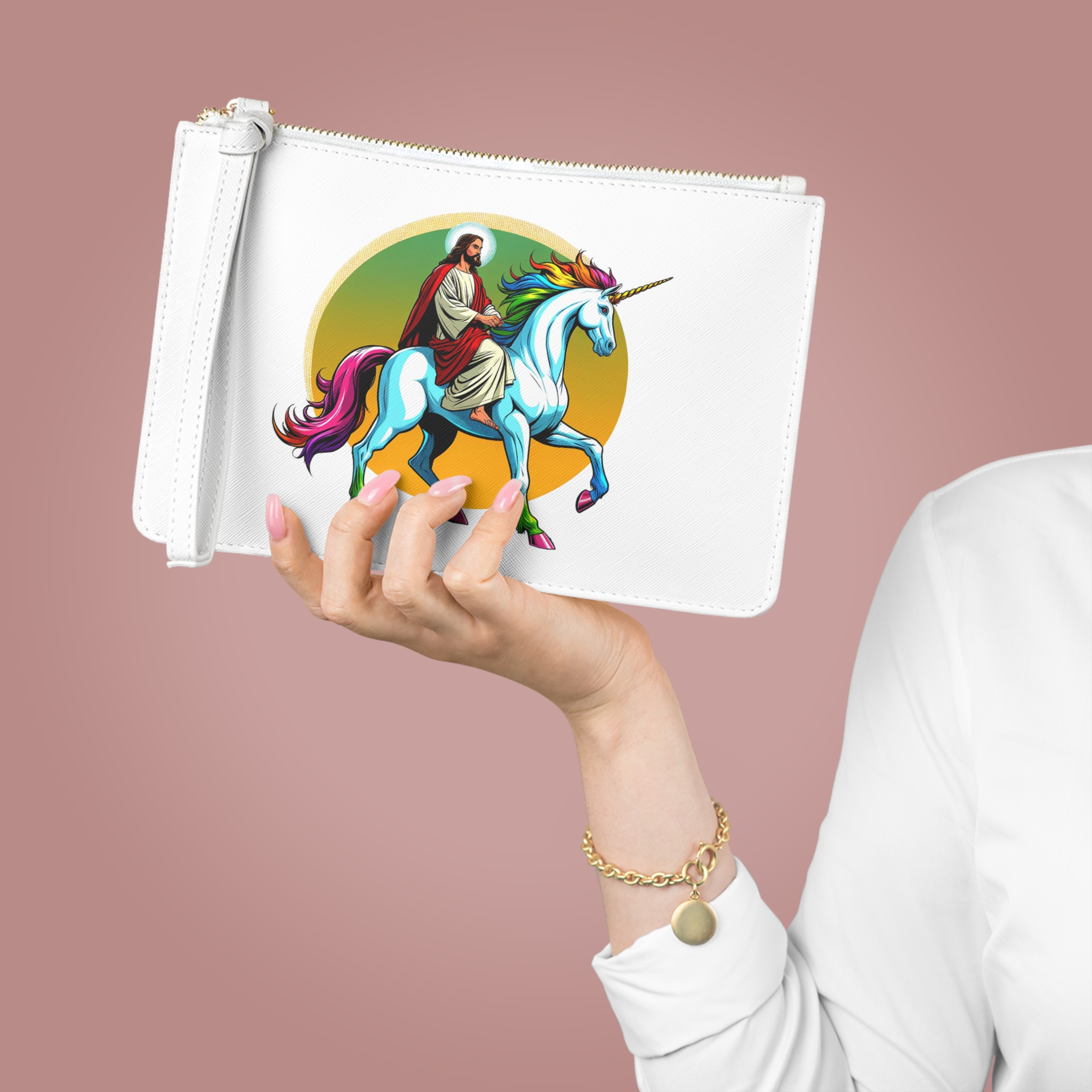 Satiric evening bag Jesus Unicorn Clutch bag unicorn rider boho clutch bag christ design religious sarcastic handbag unusual purse
