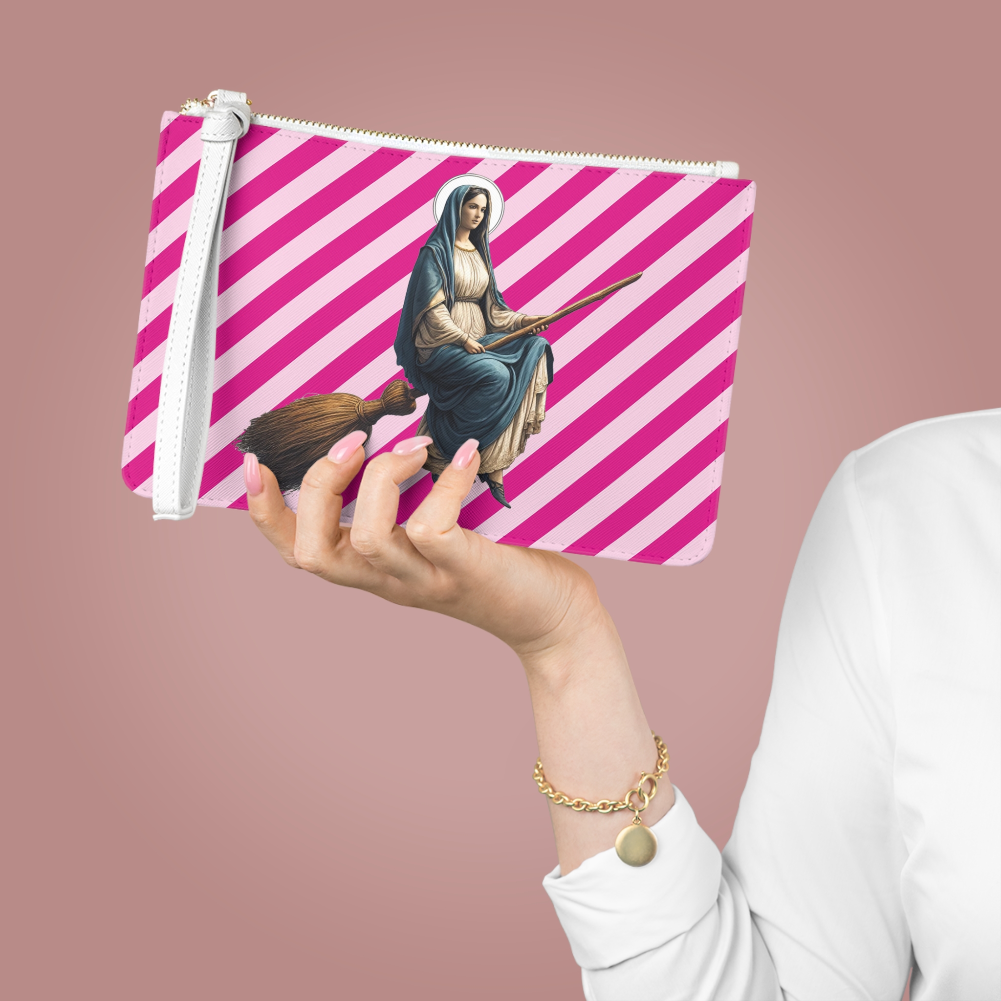 Satiric clutch bag Virgin Mary witch broom evening bag religious purse sarcastic premium purse unusual