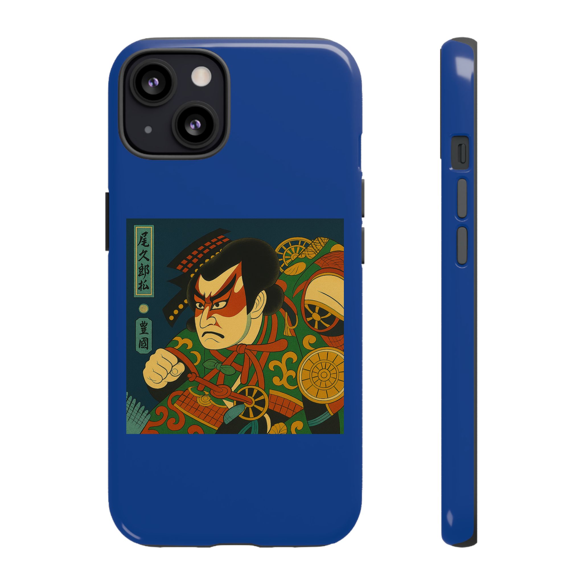 Blue phone case featuring traditional Japanese artwork of a fierce character with vibrant colors and patterns.