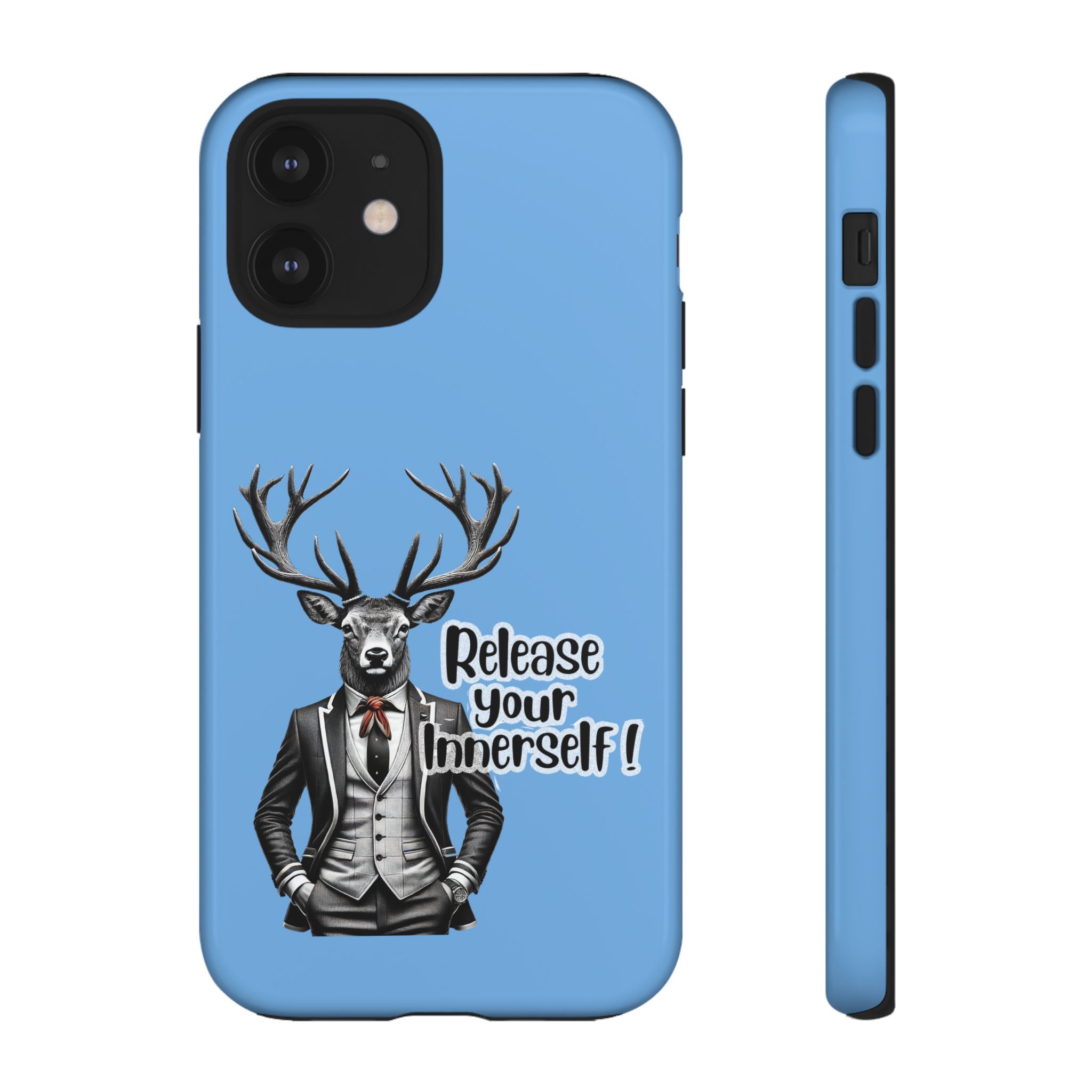 Blue phone case featuring a deer wearing a suit and the text 'Release your innerself'.
