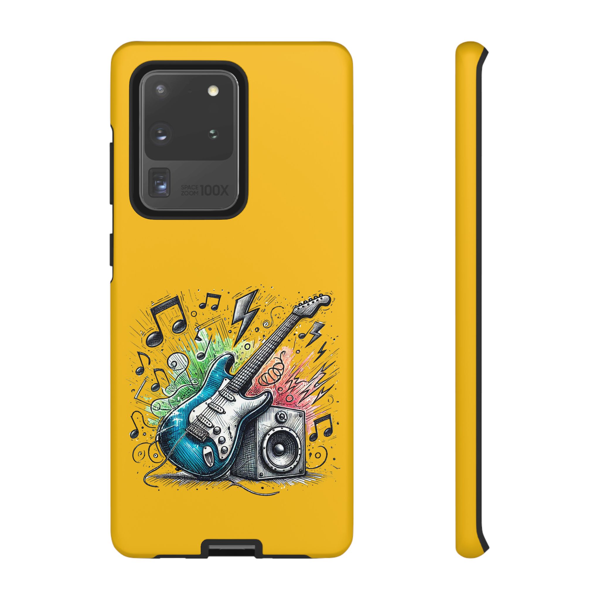 Yellow phone case featuring a graphic of an electric guitar and musical notes.