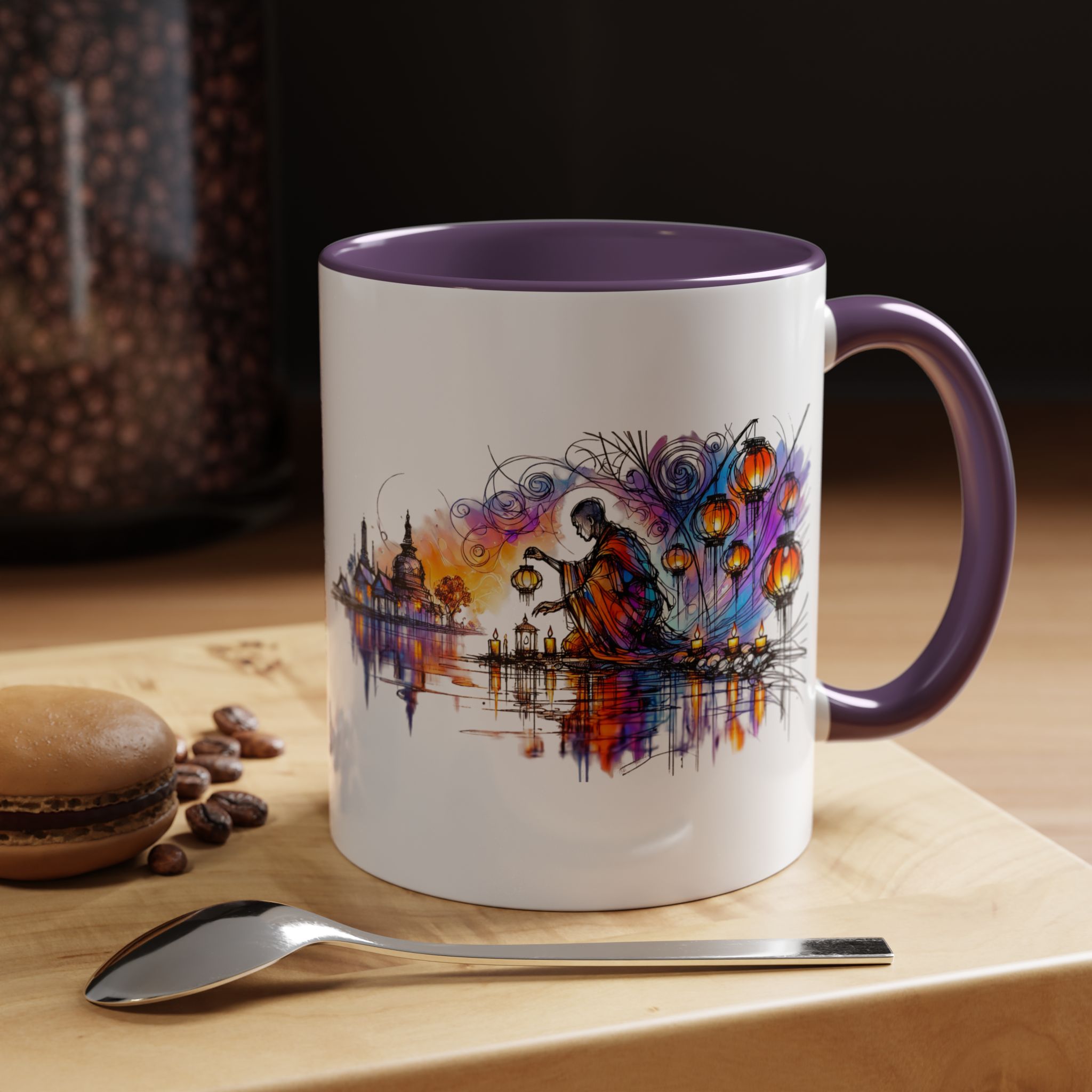 White mug with a purple handle featuring an artistic design of a figure by a river with lanterns.